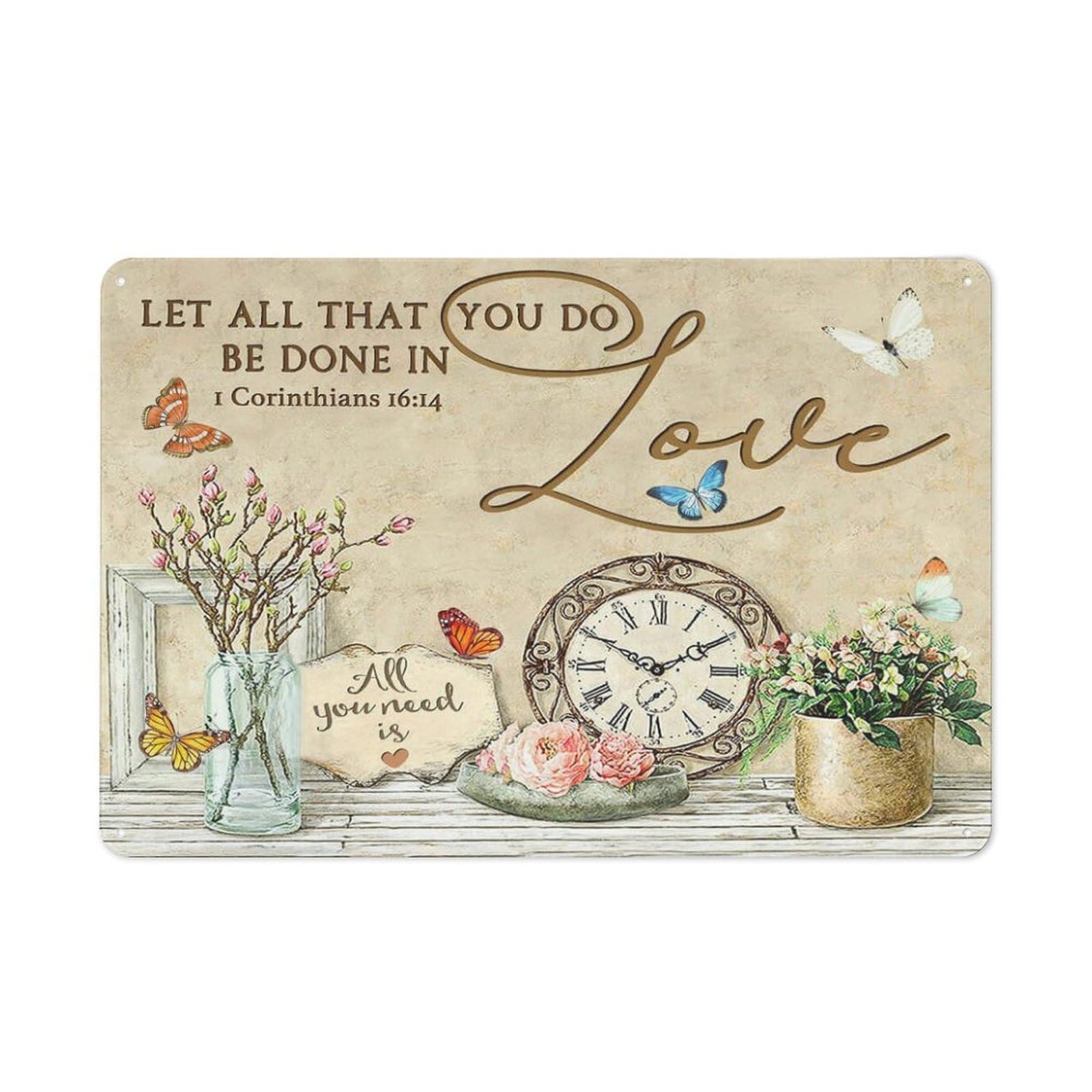 Rustic Metal Tin Sign, Butterfly Love Slogan Wall Art, Home Kitchen Courtyard Warm Decor 12x8 Inch