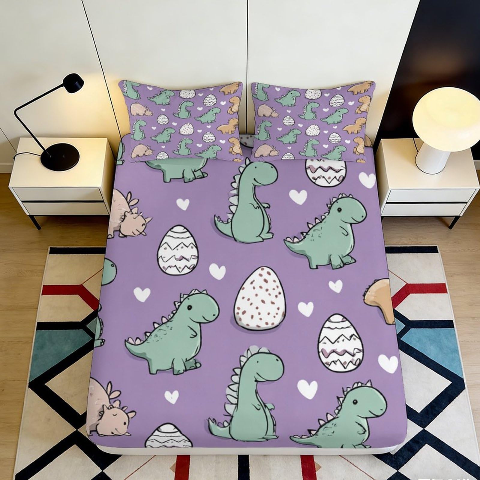 3D Printed Purple Dinosaur Pattern Fitted Sheet Microfiber Soft Breathable Dino Eggs Bed Sheet for Bedroom Dormitory Guest Room Mattress Protection 120x200x25cm