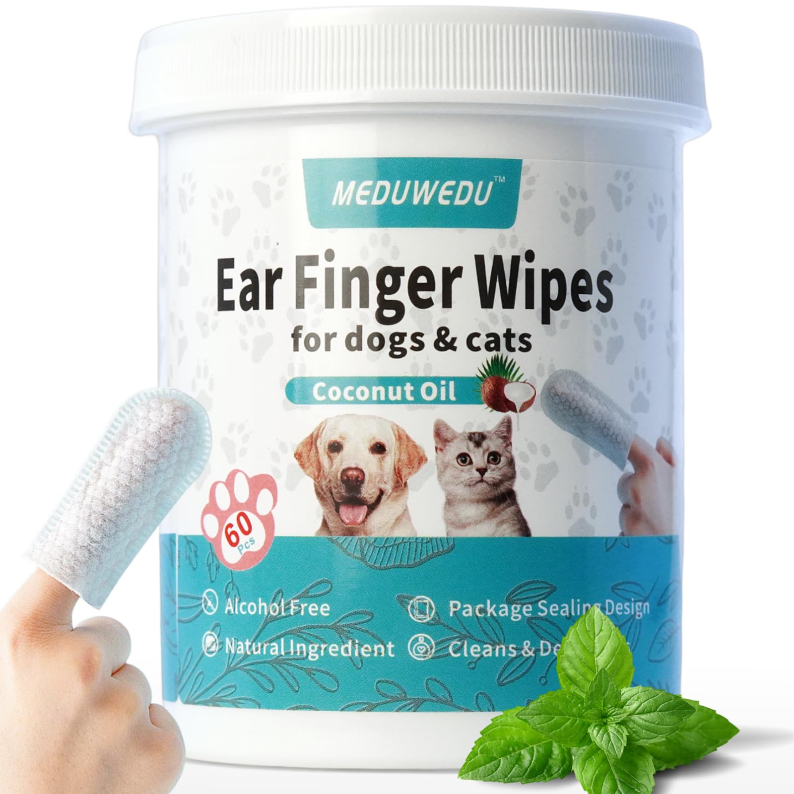 Ear Cleaner Finger Wipes 60 Counts, Dog Ear Cleaner, Grooming Kit Care for Dogs and Cats, Soft & Easy Otic Cleaning Pads, Remove Wax, Dirt & Stop Smelly, Itchy, Non-Irritating, Mint Scent
