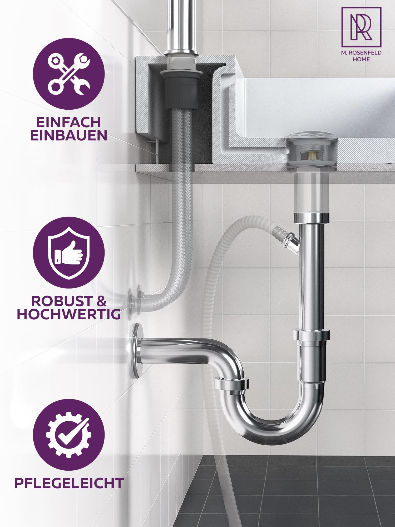 M. ROSENFELD HOME Syfon do umywalki – uniwersalny syfon rurowy 1 1/4" do umywalki w łazience, syfon zapachowy z rurą odpływową, kompletny zestaw z uszczelkami i rozetą