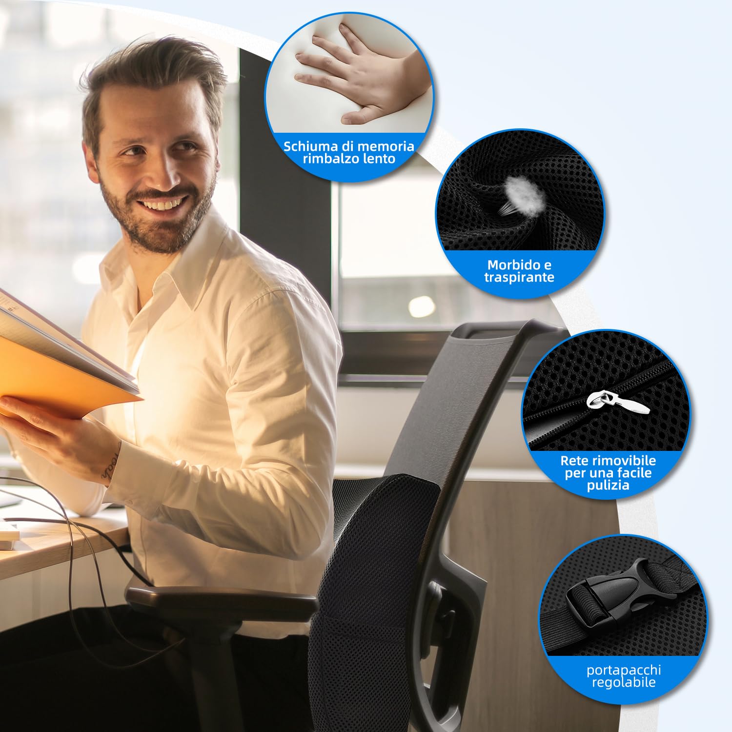 Cuscino lombare ergonomico, Cuscino sedia memory foam, Cuscino lombare sedia ufficio, Cuscino lombare auto, Cuscino lombare per chi soffre di sciatica，Rete rimovibile，Portapacchi regolabile