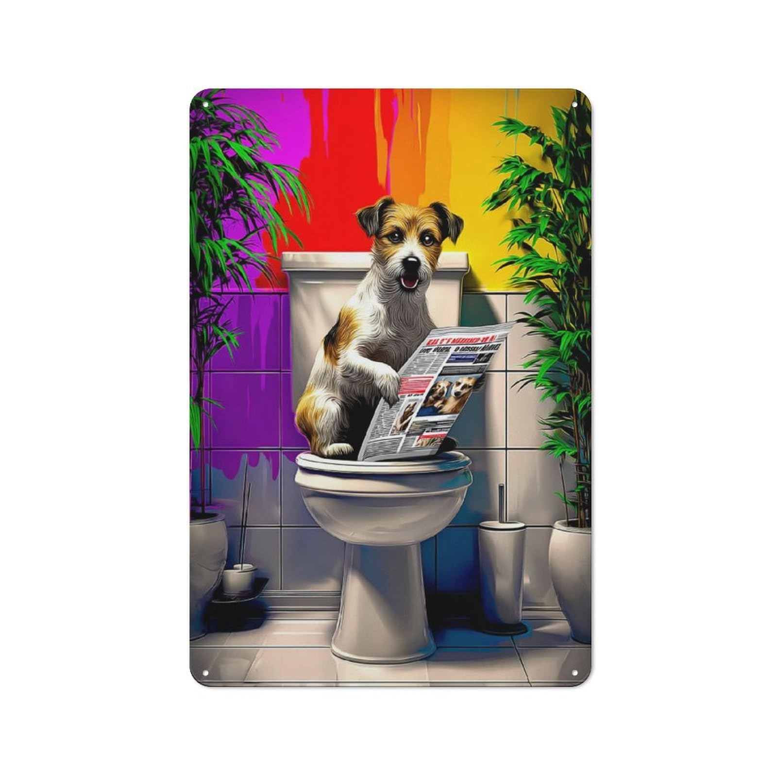Junmoney Dog Reading Newspaper On Toilet-4 Tin Wall Plaque 30X20cm With For Workshop Wall, Suited To Workshop Decor Fans, For Retro Home Interiors