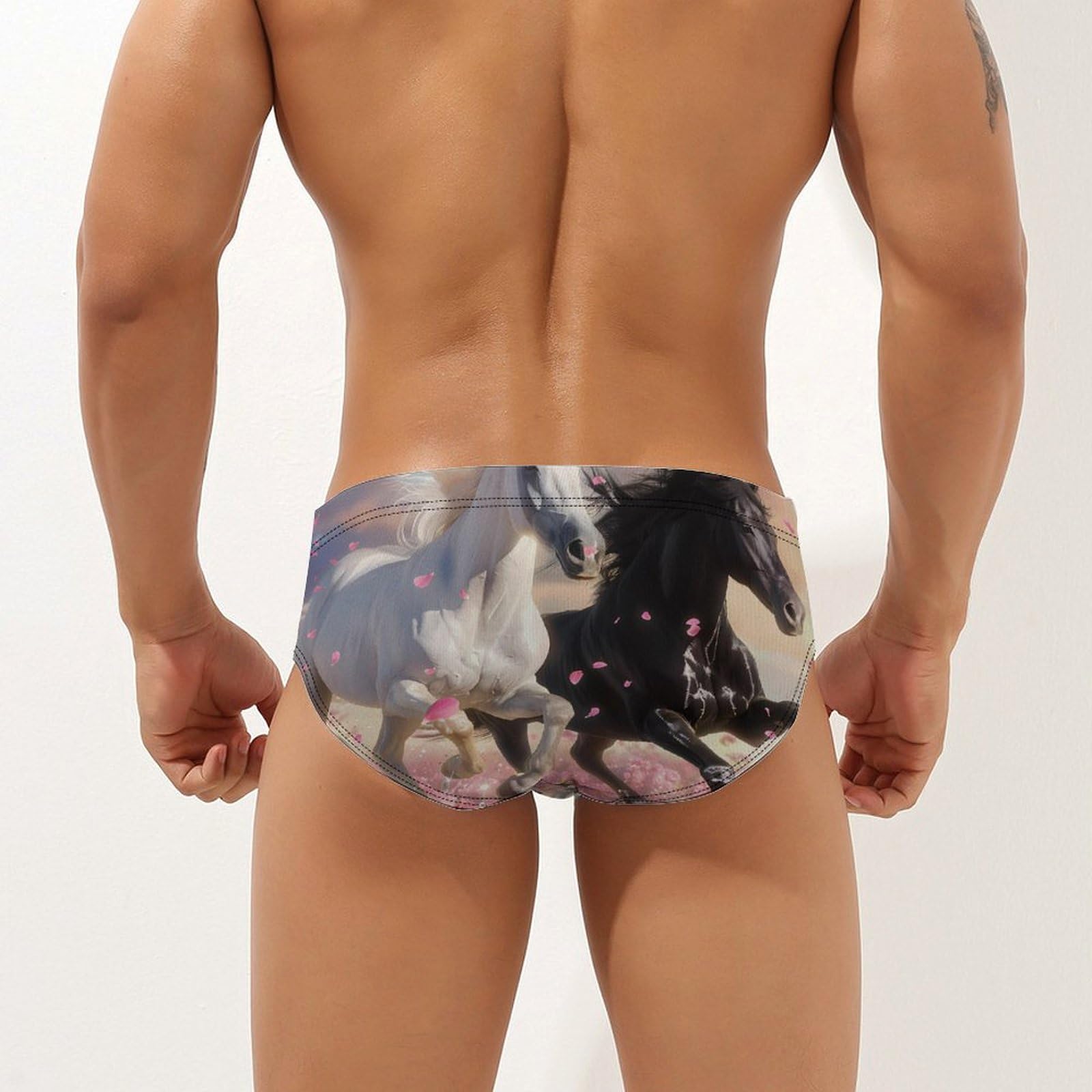 Running Horses Mens Swim Briefs Bikini Swimwear Print Beach Shorts Sexy Swimsuit L