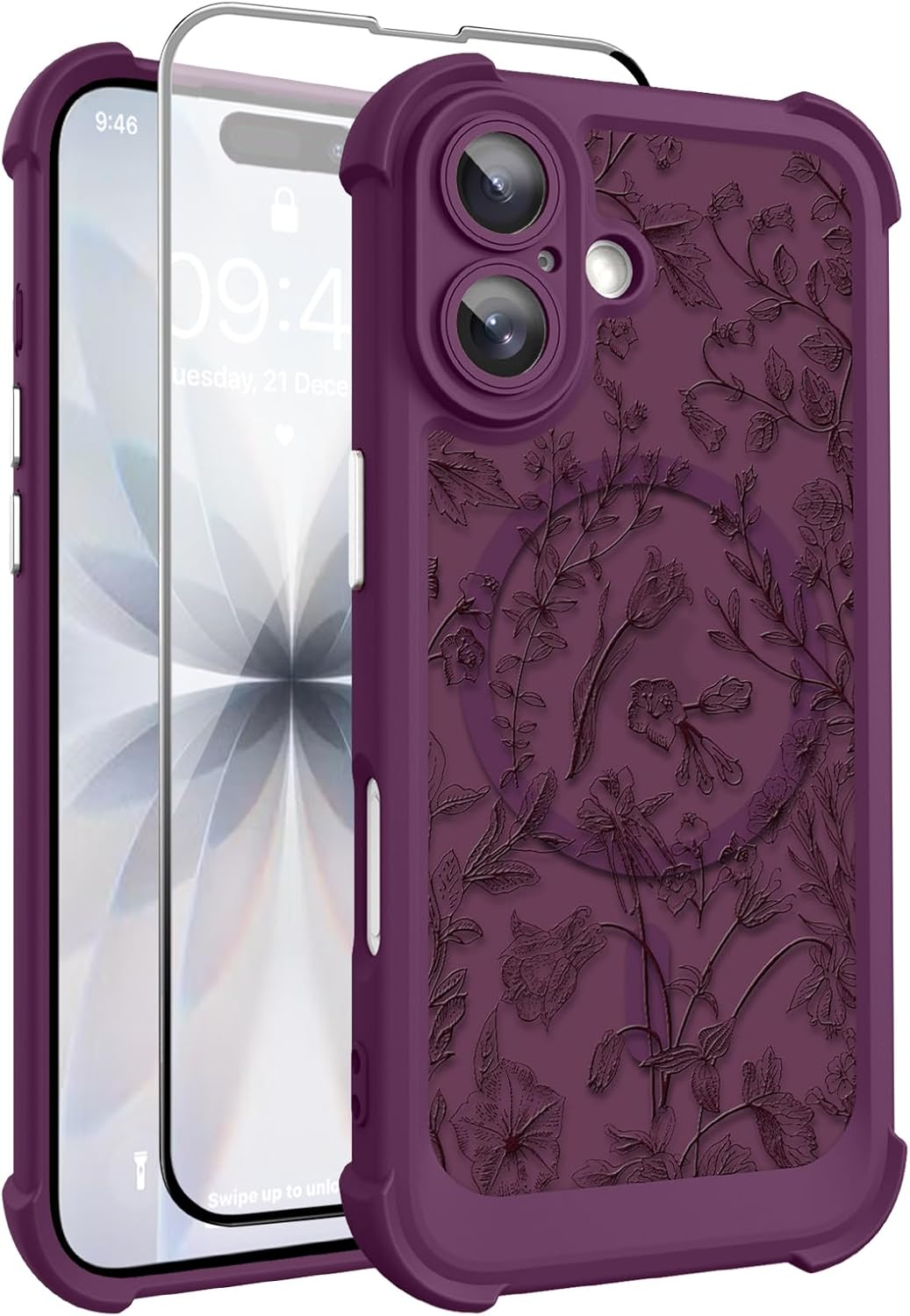 AIGOMARA Magnetic Floral for iPhone 17 Case, Fit for Magsafe, Screen Protector, Cute Sage Flower Matte Translucent 4 Airbag Corners Camera Protection Phone Cover for Women Girls, Wine Red