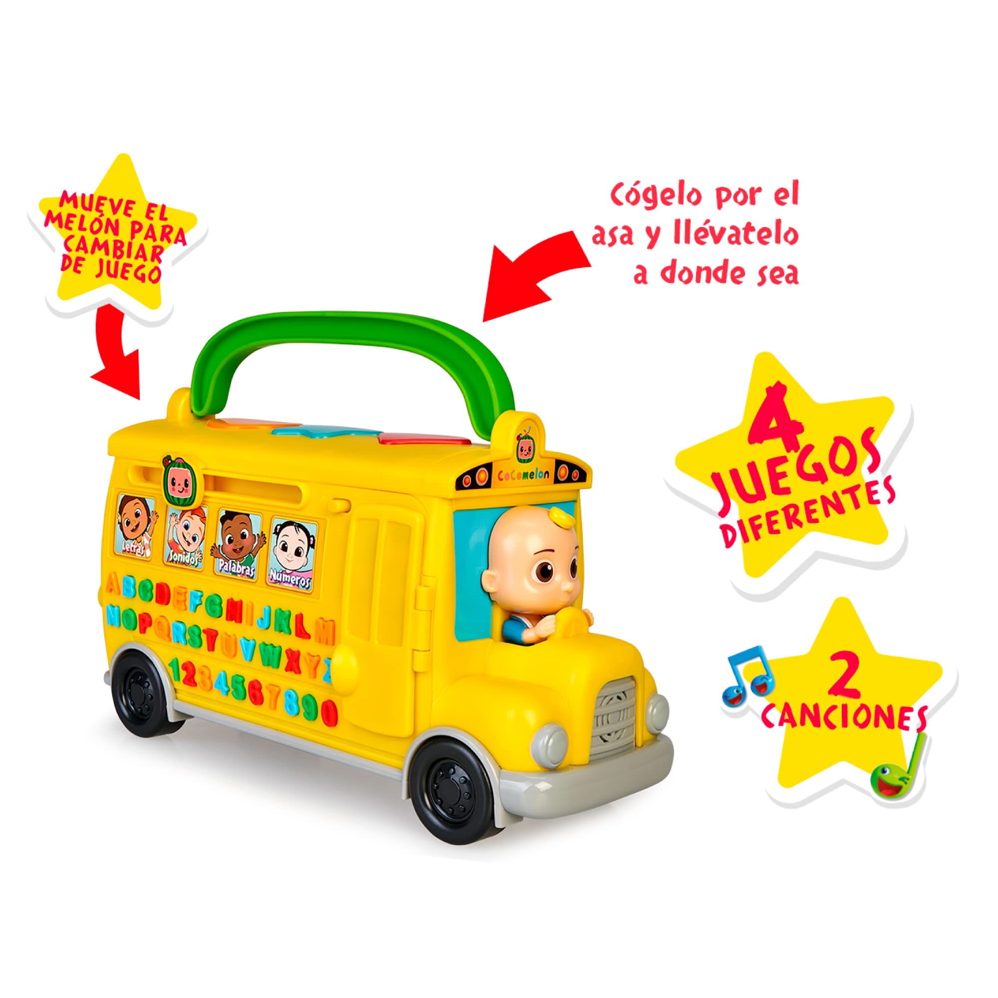 CoComelon - Learning Bus, autobús Amarillo de Juguete con Luces, música y Sonidos para Aprender Las Letras y los números, Set de Juego Infantil de Aprendizaje, para preescolares, Famosa (CCM08102)