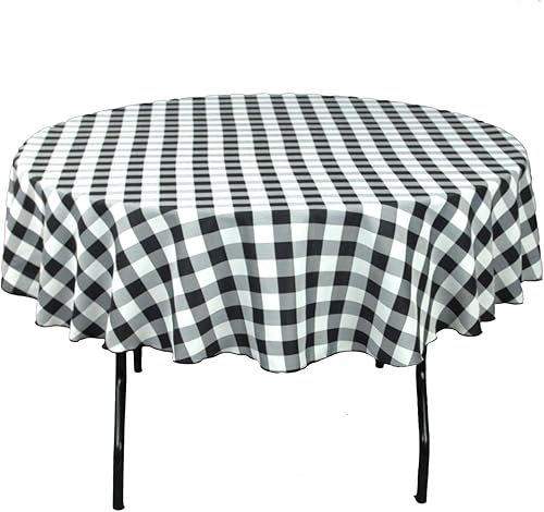 LTC LINENS Mantel redondo a cuadros blanco y negro de 90 pulgadas, resistente a las manchas, lavable, tamaño pequeño para picnic, fiesta