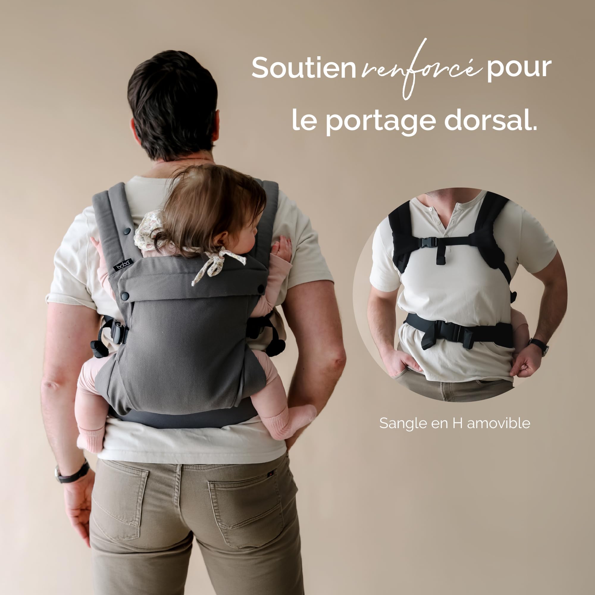 Boba Auri Portabebés Algodón Recién Nacido, 3-20 kg, Negro | Tejido Suave y Transpirable, Asiento Ergonómico en Posición M, 3 posiciones: frontal hacia ti, hacia fuera y espalda.