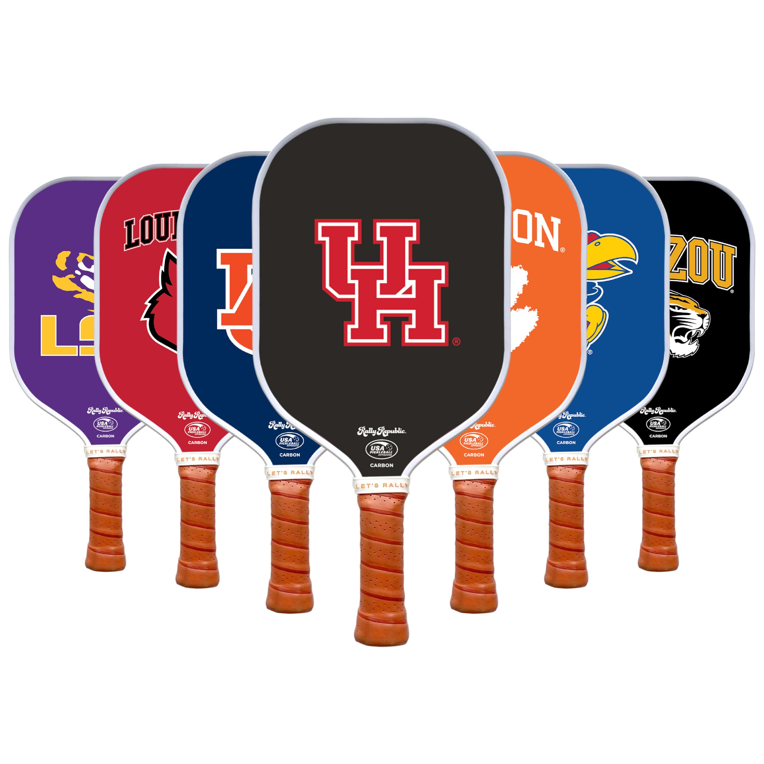 Rally Republic Officially Licensed Collegiate Pickleball Paddle - USA Pickleball Association Approved Racket - Lightweight Honeycomb Core, Carbon Fiber Exterior, Premium Leather Grip for Comfort