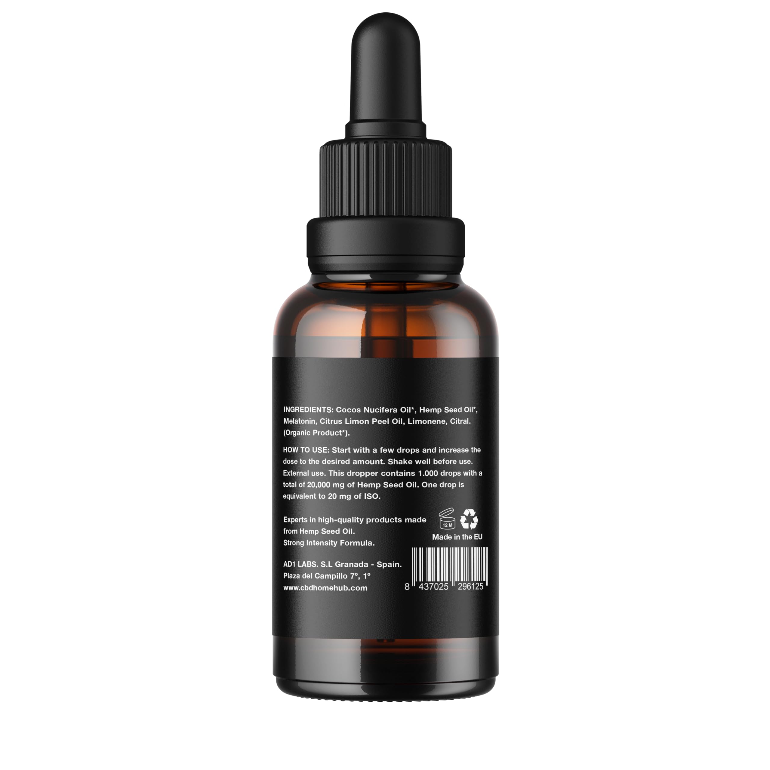 Olej z nasion konopi 40% + Melatonina 50 ml Baza kokosowa Tłoczony na zimno Certyfikat ekologiczny UE