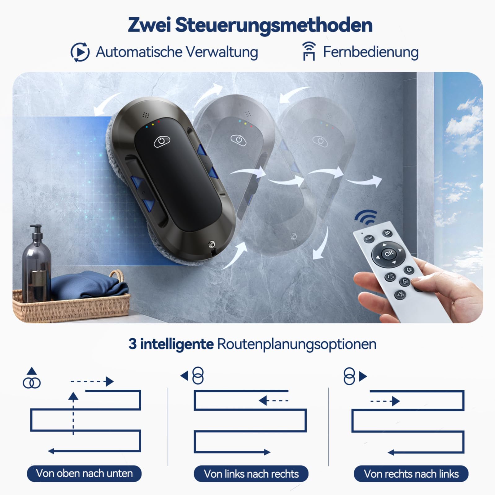 2026 Neu Fensterputzroboter mit Doppeldüsen-Sprühfunktion, 6000Pa Elektrischer Fensterroboter Für Fenster/Fliesen, <65dB, Starke Saugkraft, Intelligente Navigation, 3 Modes de Nettoyag, W23D