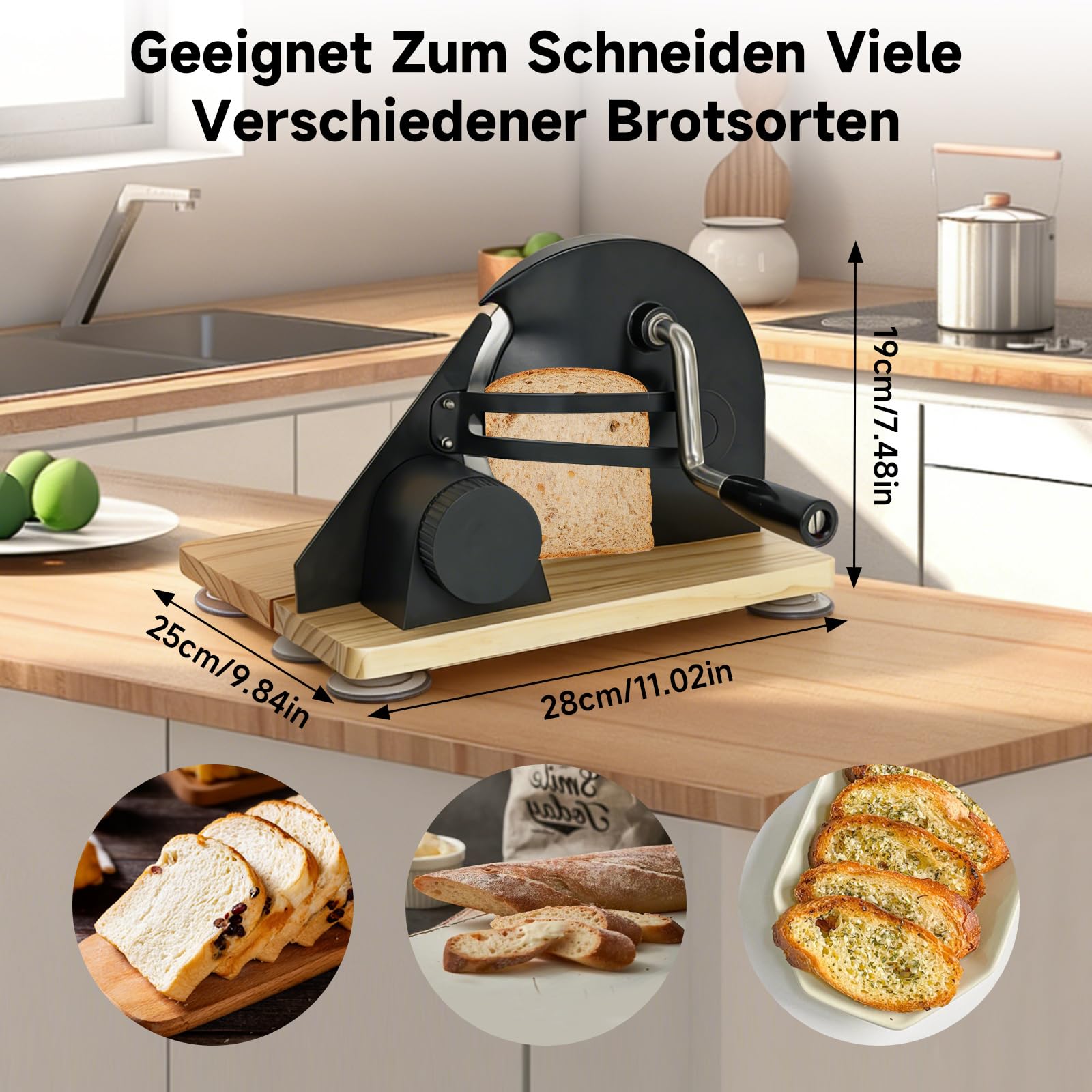 Brotschneidemaschine Manuell 0–15 mm Einstellbare Dicke, Rostfreie Stahlklinge, Skalenlinien & Saugnäpfe, Hell-Naturholz Design für Private und Kommerzielle Nutzung