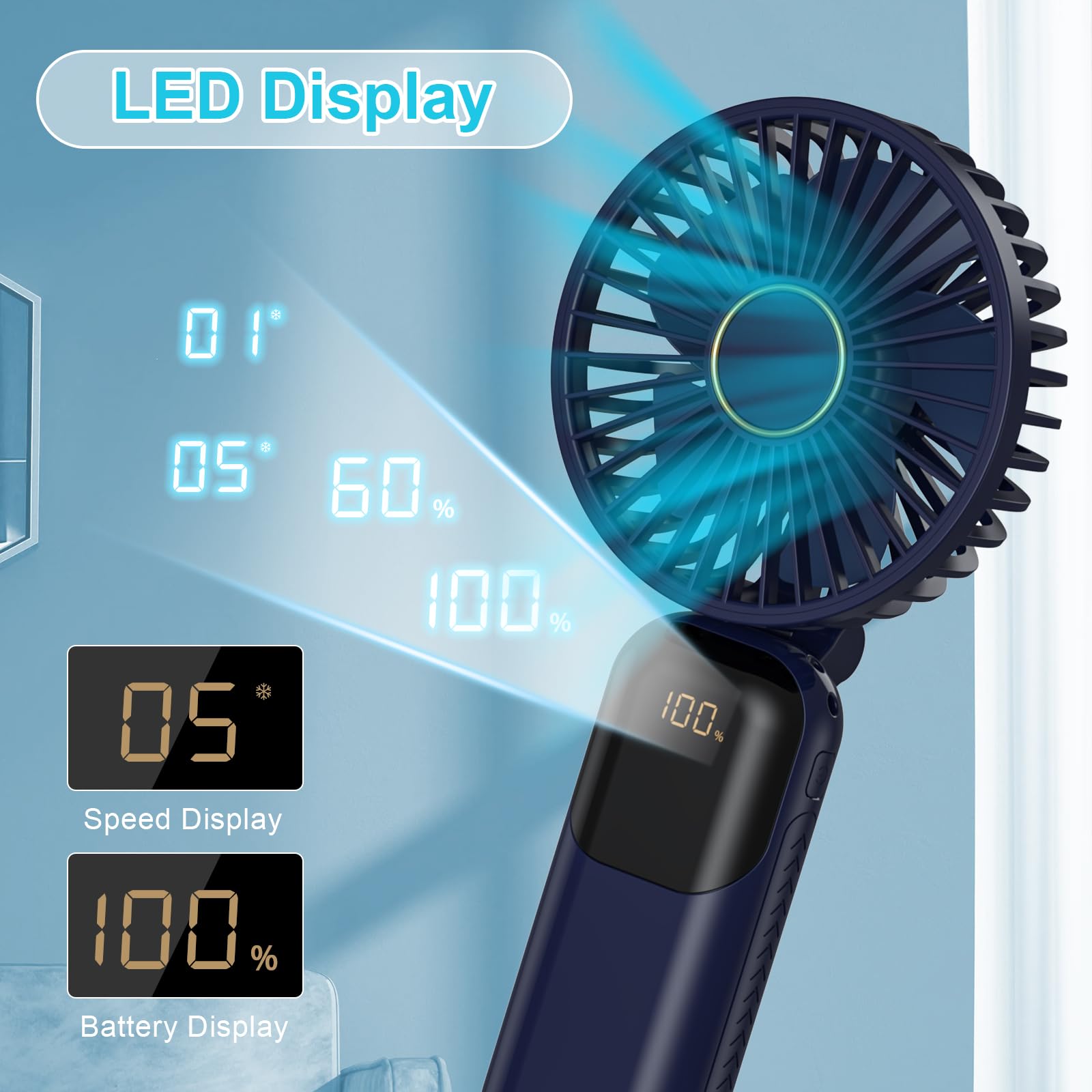 GIACOMO Mini Ventilatore Portatile,Ventilatore Portatile USB Ricaricabile，Ventilatore a Mano con 5 Livelli di Velocità, Batteria da 5000 mAh, Ventilatore Pieghevole per Ufficio, All'aperto（Blu）