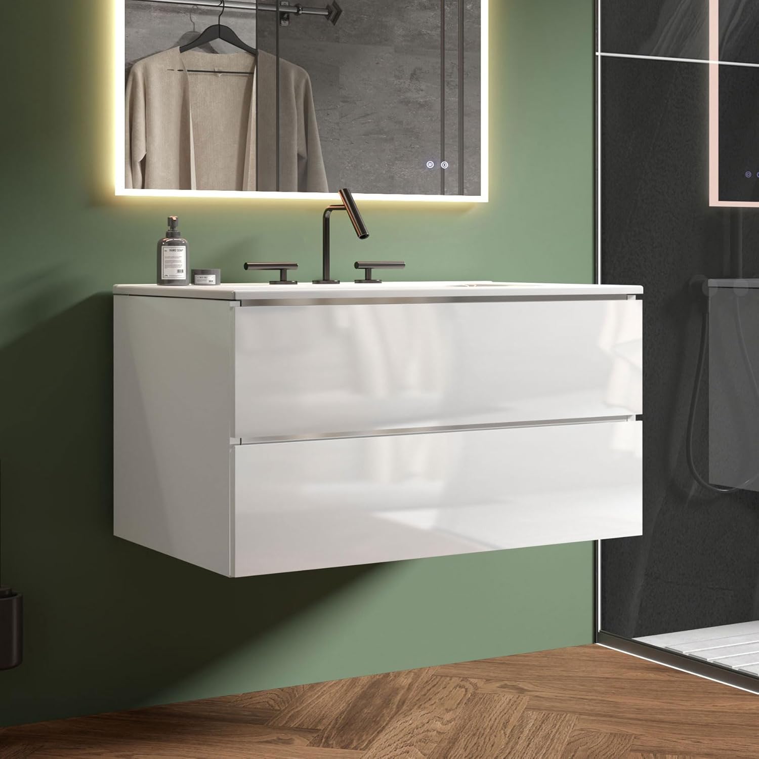 36" Bathroom Vanity with Sink, Modern Floating Vanity with Double Soft-Closing Drawers, Large Storage for Small Space, Glossy White, Fully Assembled - Iris Collection