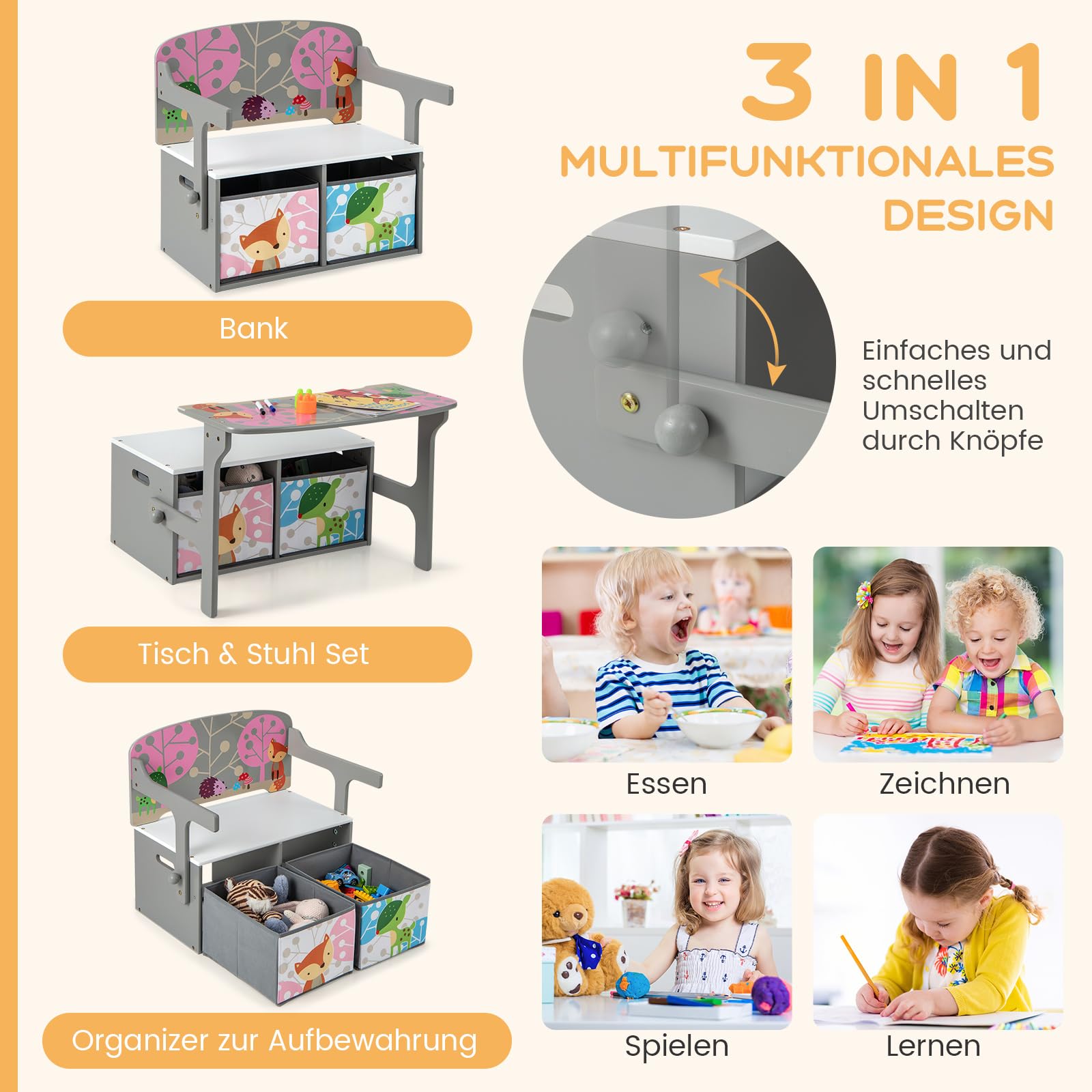 COSTWAY 3-IN-1 Kindertisch mit Sitzbank, Kindersitzgruppe mit 2 abnehmbaren Körben, Kindersitzbank mit stauraum, Spielzeugtruhe mit Rückenlehne, Sitztruhe Truhenbank für Kinderzimmer (Grau)