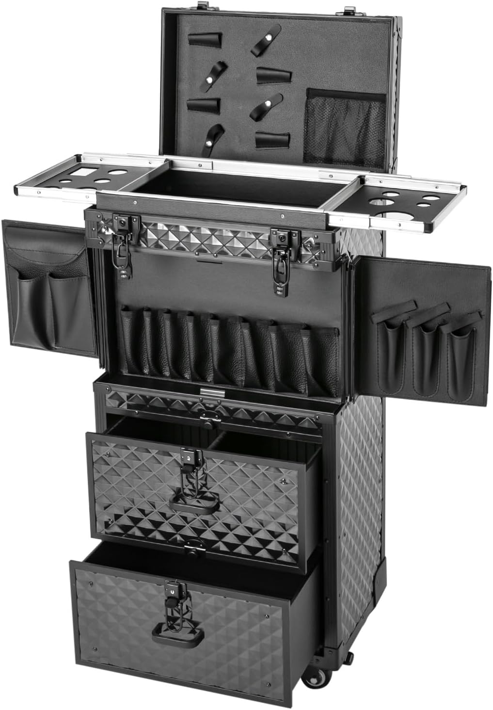 Makeup Case Organizer, Portable Makeup Nail Organizer Trolley Travel Rolling Train Case With 4 Universal Wheels, 4-Layer Cosmetic Hairdressing Trolley With Combination Locks & 6* Keys For Parties