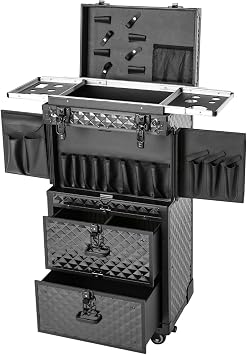 Rolling Makeup Case Travel Make Up Case Cosmetic Train Case Hairdressing Cosmetic Organizer With 4Universal Wheels/2Combination Locks Retractable Tray For Hairdresser Makeup Artist Black