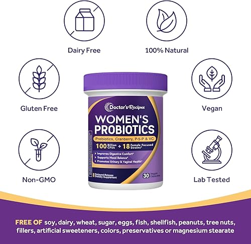 Miniatura 5 de Doctor's Recipes Probióticos para mujeres, 100 mil millones de UFC, 18 cepas probióticas, prebióticos, arándano, P-5-P y VC, apoyo vaginal,