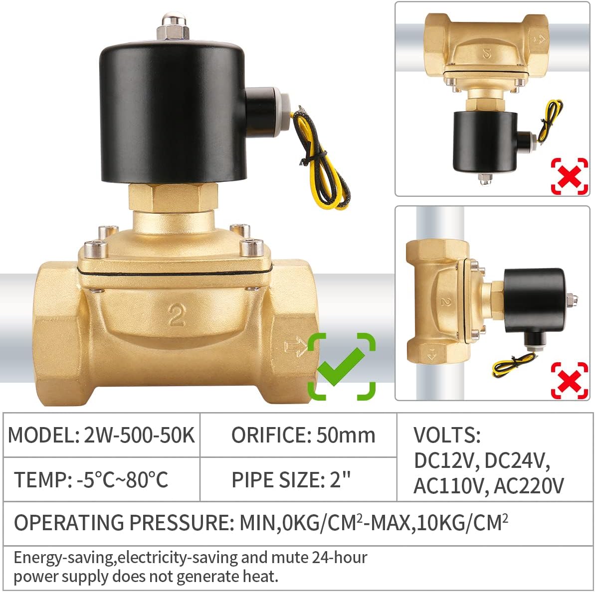 Baomain Pneumatic 2 Inch Normally Open 2 Way Brass Electric Solenoid Valve for Water,Air 2W-500-50K (DC 12V)