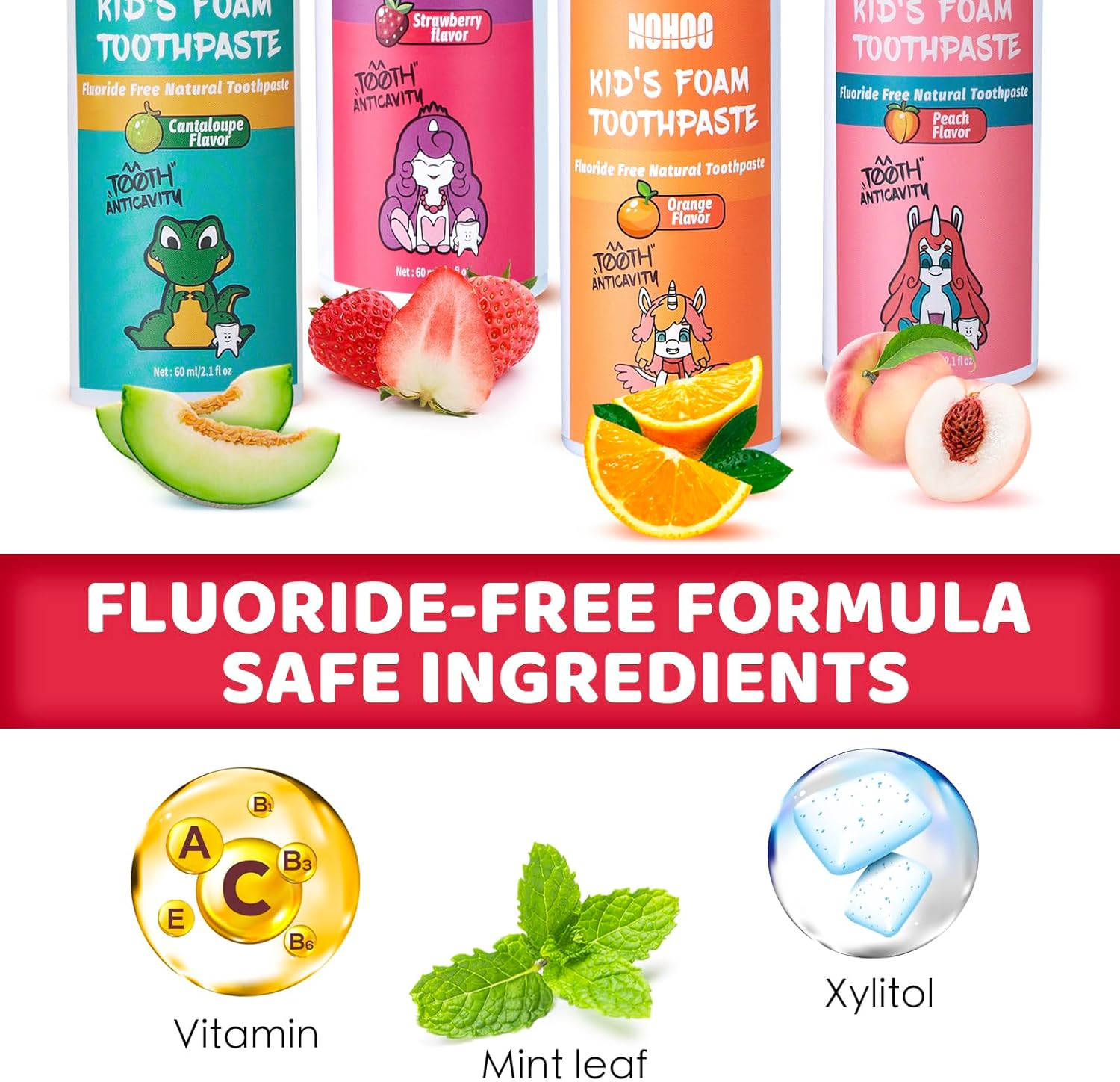 NOHOO Fluoride Free Foam Toothpaste Kids Fruit Flavour,Natural Training Toothpaste for Baby Toddler Children Oral Cleaning and Cavity Protection Strawberry Orange Peach Cantaloupe - Image 7