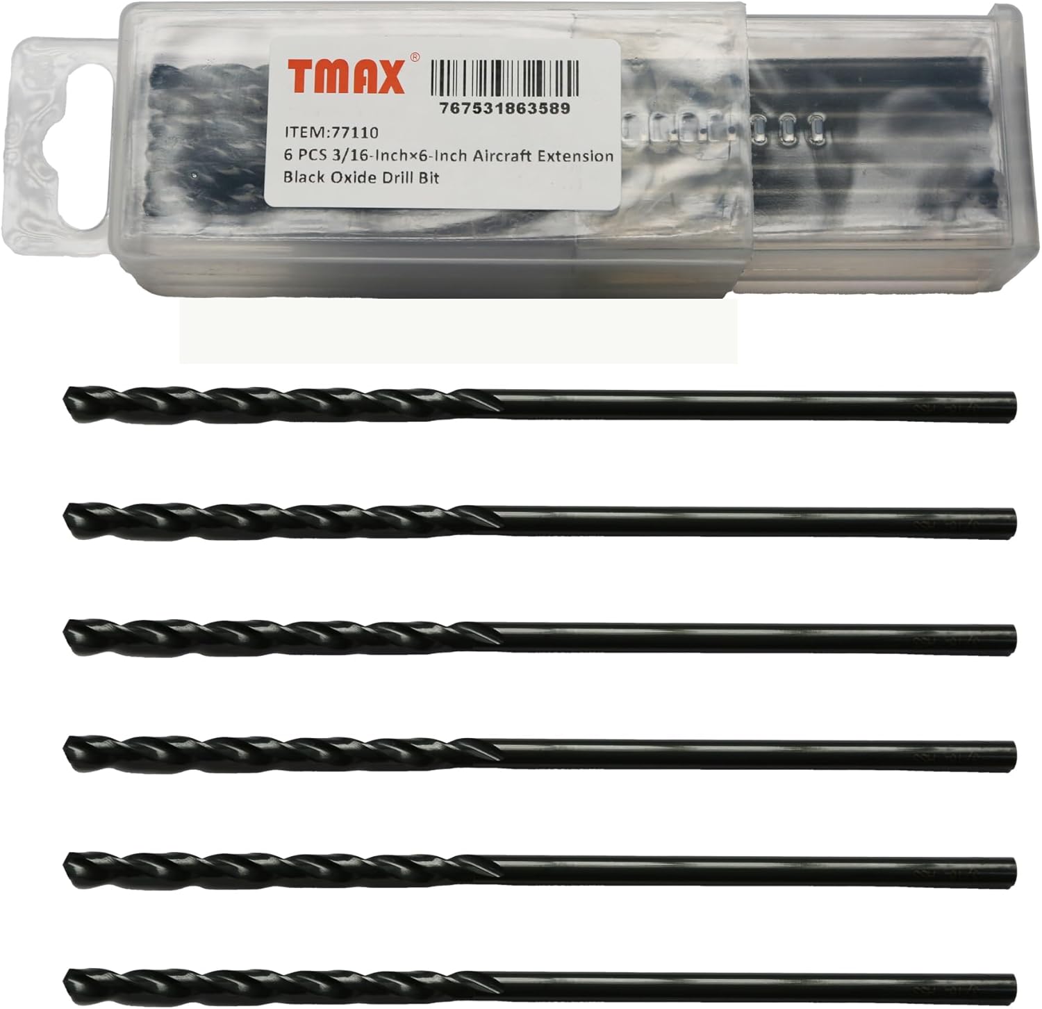 TMAX 6 PC 1/8 Inch x 6 Inch Aircraft Extension Black Oxide Drill Bit, Premium M2 High Speed Steel, Extra Length, for Metal, Plastic, Wood