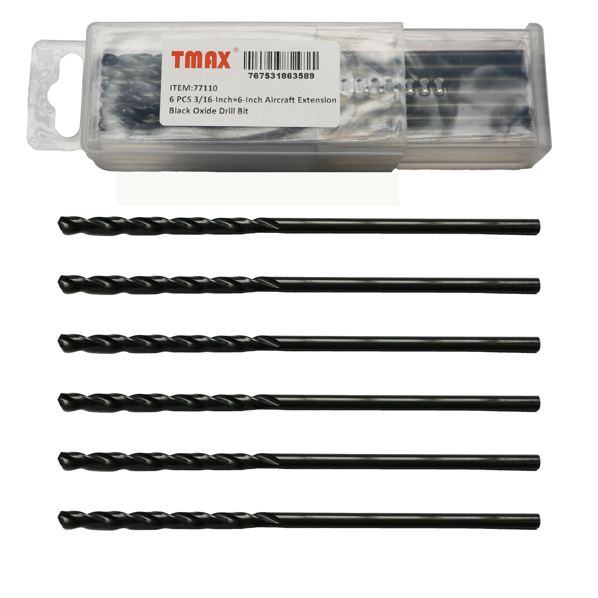 6 PC 3/16 Inch x 6 Inch Aircraft Extension Black Oxide Drill Bit, Premium M2 High Speed Steel, Extra Length, for Metal, Plastic, Wood