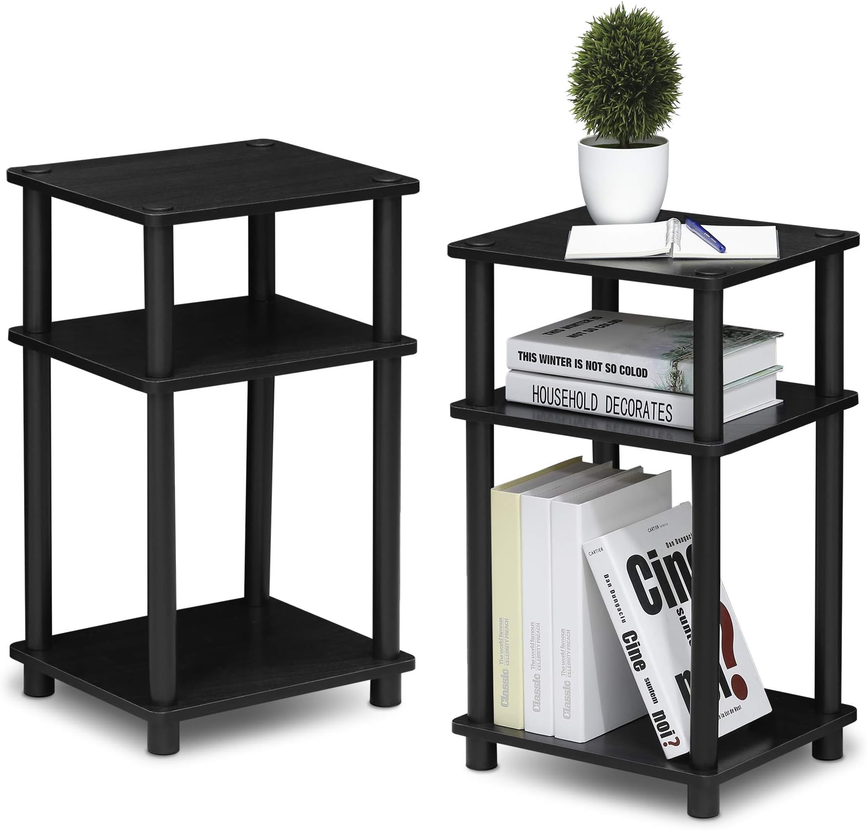 Furinno JUST Set of 2, 3-Tier Tool-Free Bedside Table, Americano | Side Table, Open Shelf, End Table, Night Stand, for Living Room, Bedroom