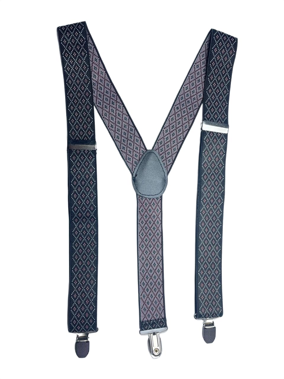 Elegant Black Diamond Pattern Suspenders for Men – Stylish Geometric Design Adjustable Elastic Y-Back Braces with Heavy Duty Metal Clips – Formal Wedding Business Costume Accessory