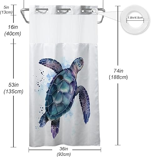 Vista 164 de Cortina de ducha de tortugas marinas, temática náutica de playa, verde y verde azulado, sin ganchos, punto gofre y forro desmontable, decoración