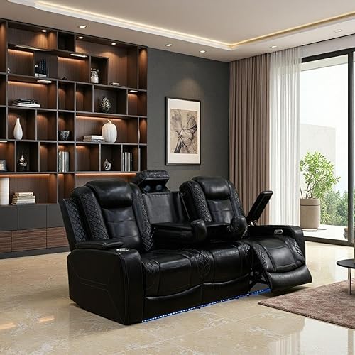 Miniatura 8 de Juego de sofá reclinable eléctrico y sofá biplaza, sofá reclinable de cuero negro con mesa desplegable, muebles de sala de estar, sofá reclinable