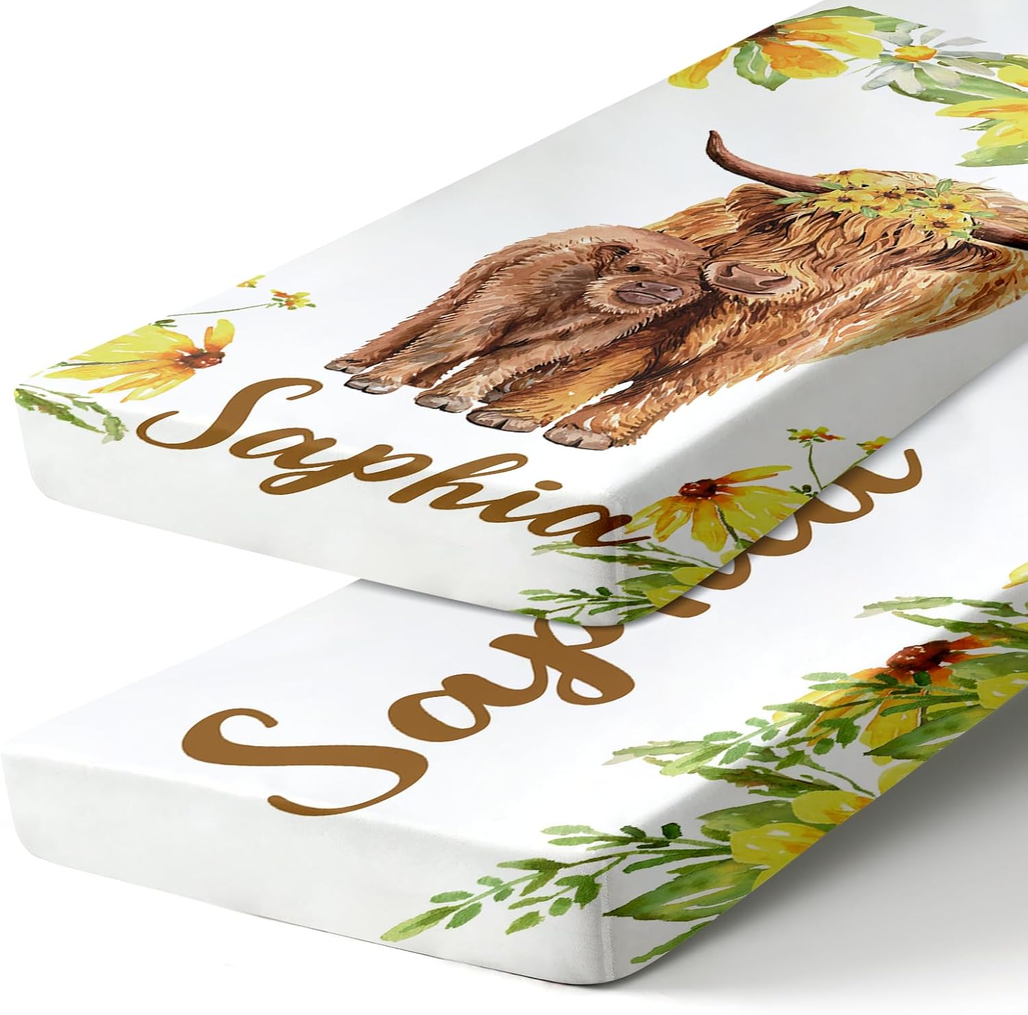 Custom Name Toddler 2 Piece Bedding for Girls - Toddler Bedding Sheets for Girls and Boys with Name, Portable Soft Cotton Fitted Sheets for Kids, Highland Cow Print