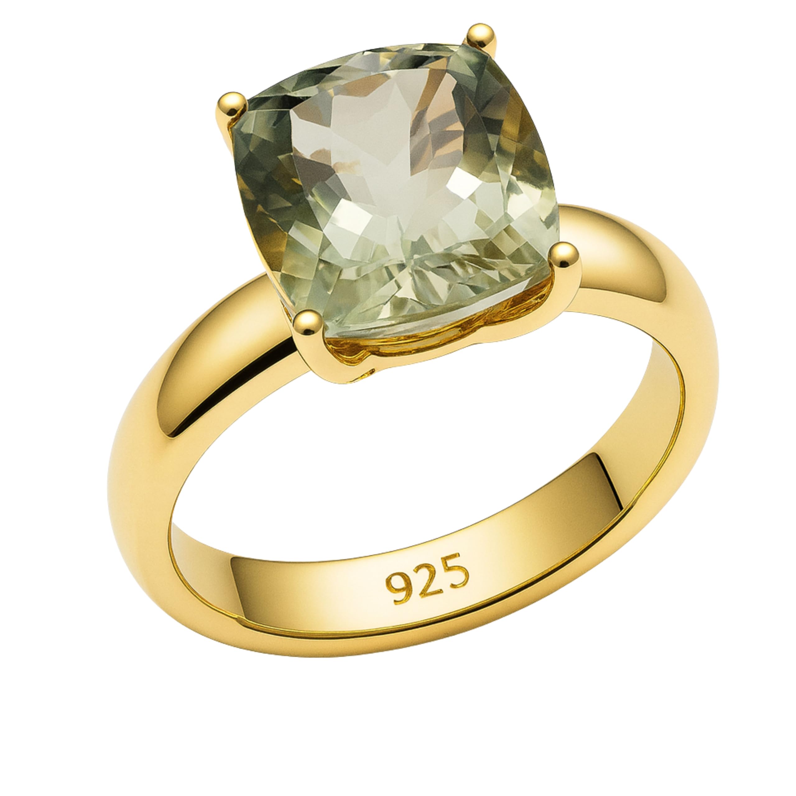 Grüner Amethyst 10x12mm Kissenschliff Vergoldet Sterling Silber Ring - Natürlicher Edelstein - Geburtstagsgeschenk Handgefertigte Geschenkideen für Frauen (Größe: US Size 6 / Diameter 16.5)