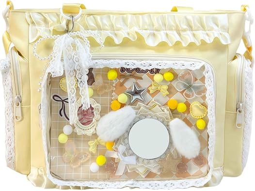 ita crossbody tote bag, pin display with Insert large messenger bag, cute tote bag with zipper ruffle, japanese aesthetic y2k, Yellow, L, Lolita, Cute, Kawaii, Anime