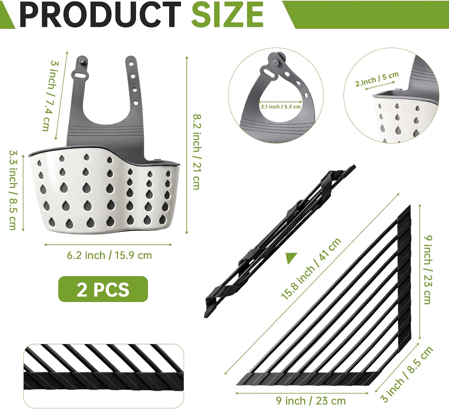 2 Sink Caddy Sponge Holder & 1 Triangle Roll-Up Dish Drying Rack, Silicone Coating Stainless Steel for Sink Corners, Hanging Ajustable Strap Faucet Caddy for Kitchen Drainer Drying