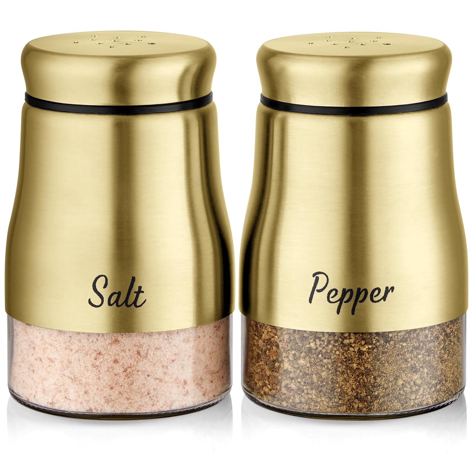 Gold Salt and Pepper Shakers Set, Bivvclaz 5 Ounce Salt and Pepper Dispenser with Glass Bottom, Cute Salt and Pepper Shakers for Gold Kitchen Decor and Accessories