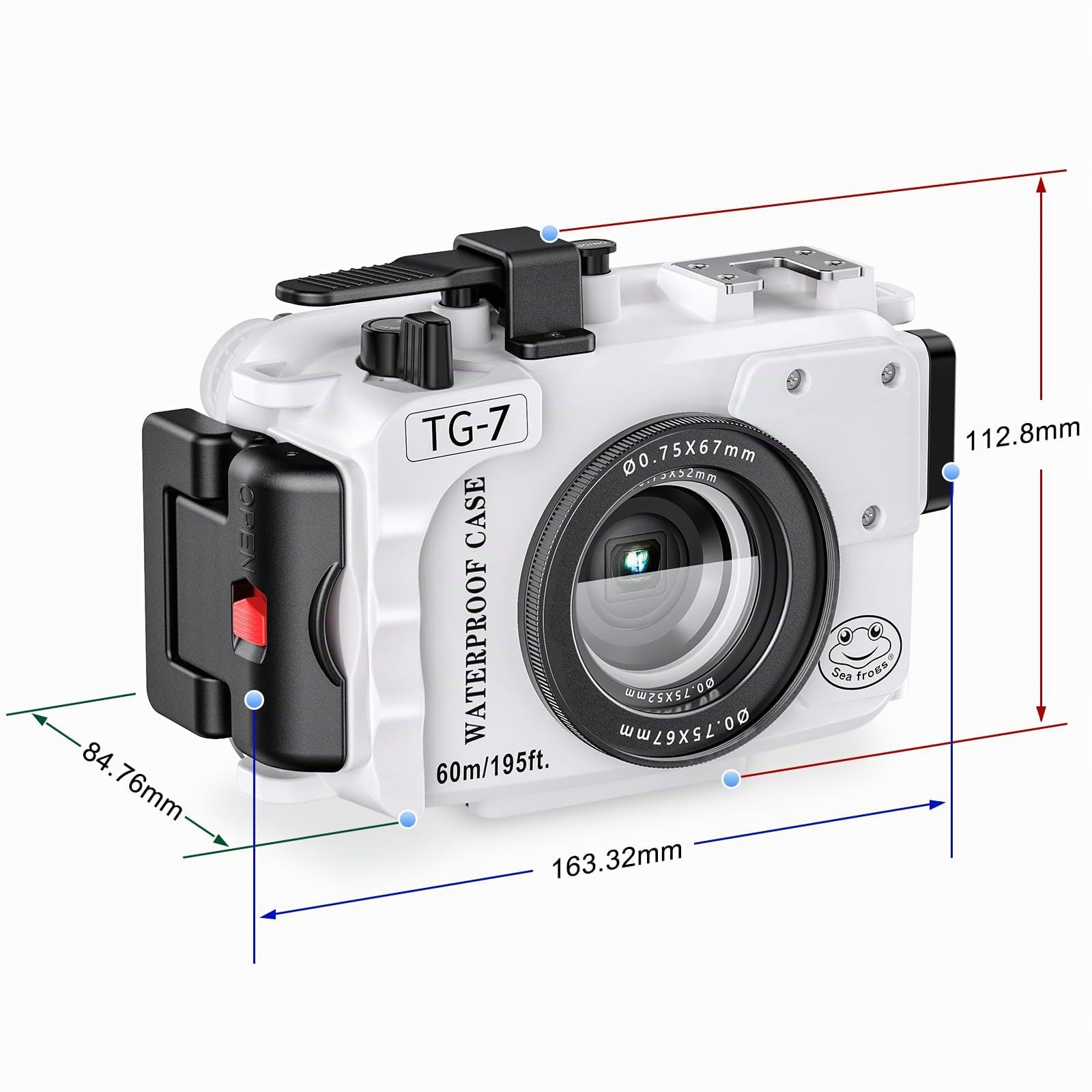 Seafrogs - Carcasa subacuática para cámara Olympus TG-7 de 60 m, Funda Impermeable con Rosca de 52 mm y 67 mm, Puertos de Fibra óptica duales, detección de Fugas (TG-7+ Blanco)