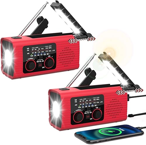 Miniatura 11 de Radio meteorológico de emergencia de 4,000 mAh, radio de mano NOAA con manivela, cargado con energía solar, radio AM FM con linterna, lámpara de Rojo