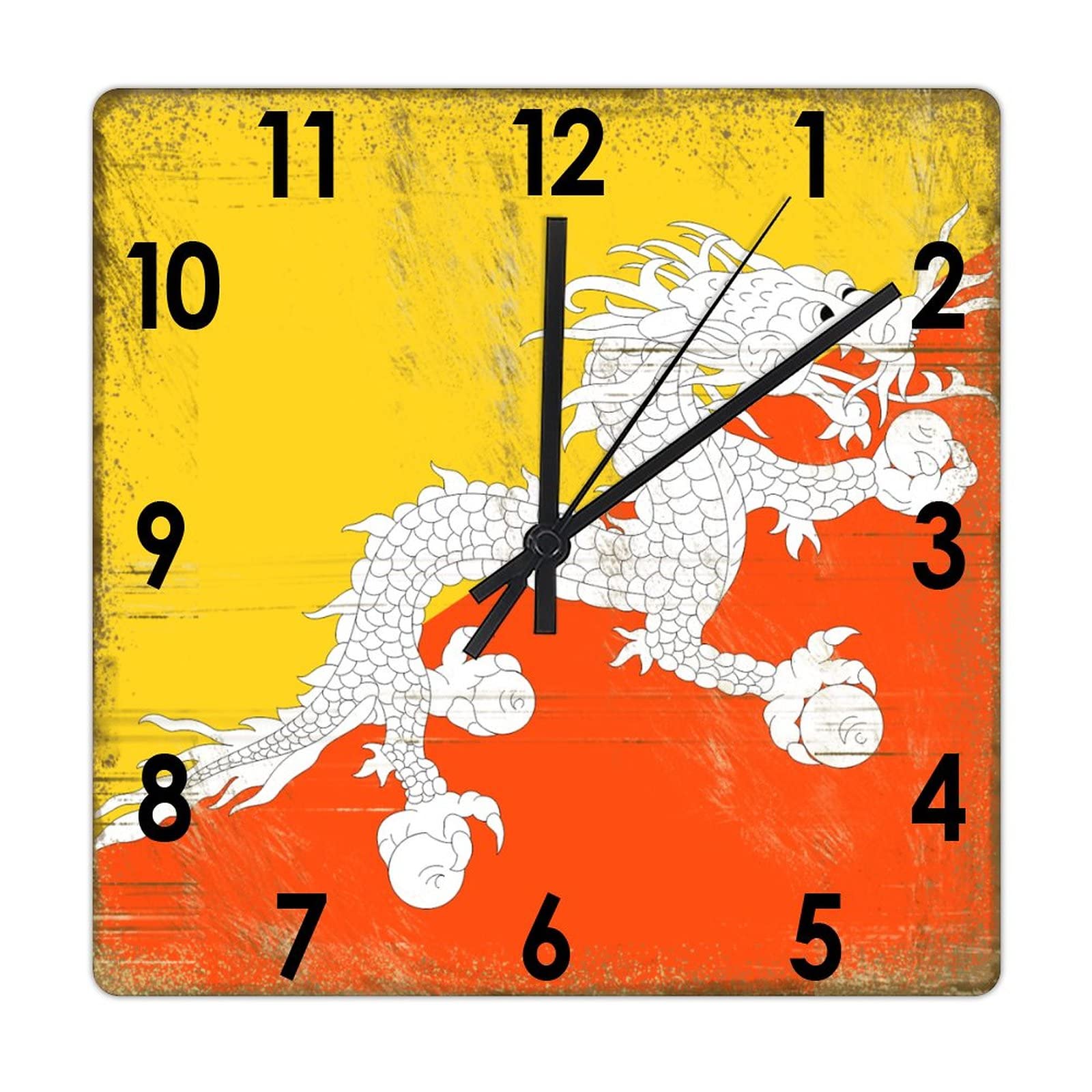 Horloge murale en bois drapeau du Bhoutan 38 cm pour salon