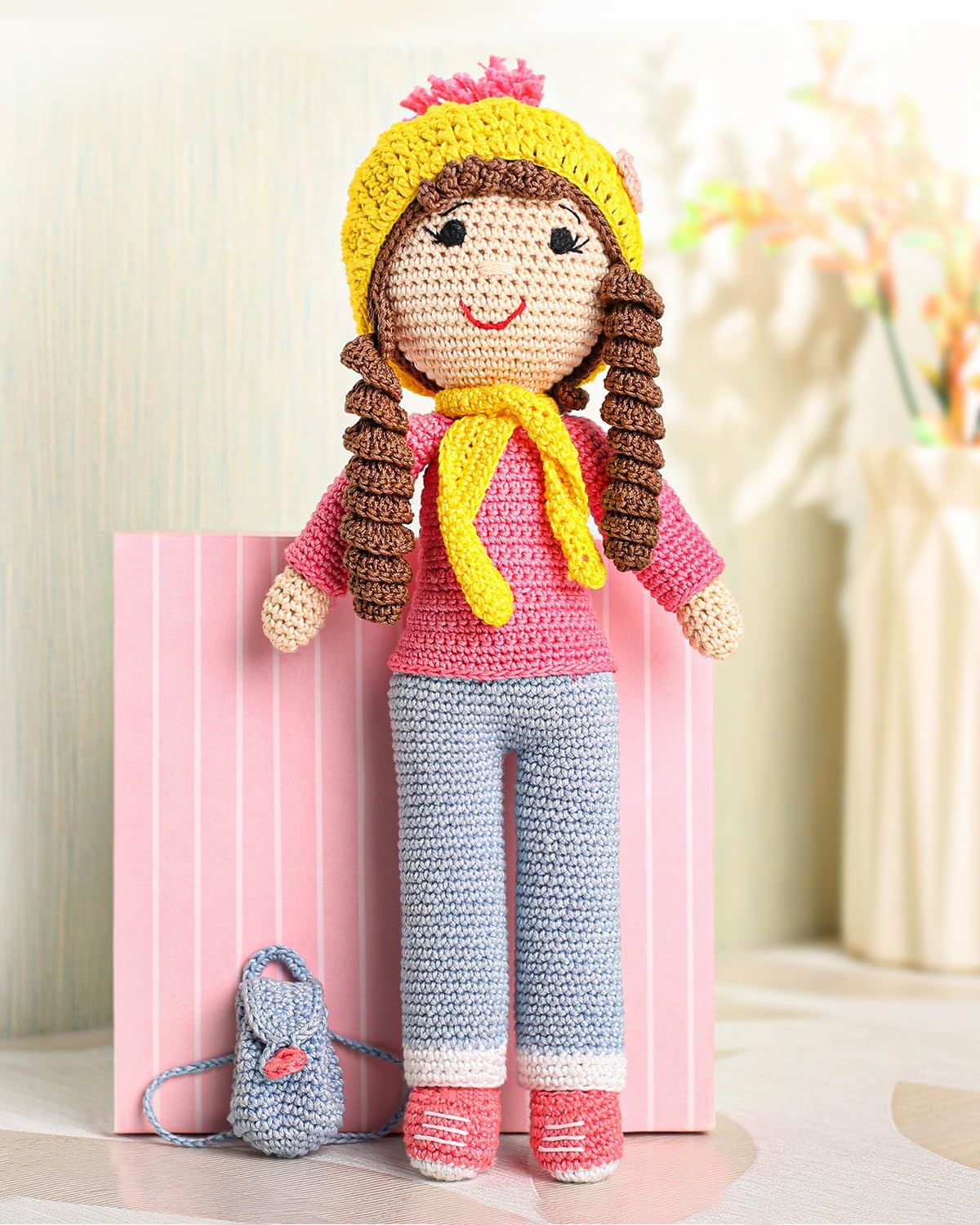 Bonfino Premium Miss Judy Crochet Doll | Cute Knitted Cotton Doll for Babies | Soft Toy Doll with Bag for Boys & Girls | Best Birthday Gift for Kids | Height 27 cm | Pink & Blue (B0CXF376QK) Amazon Price History, Amazon Price Tracker