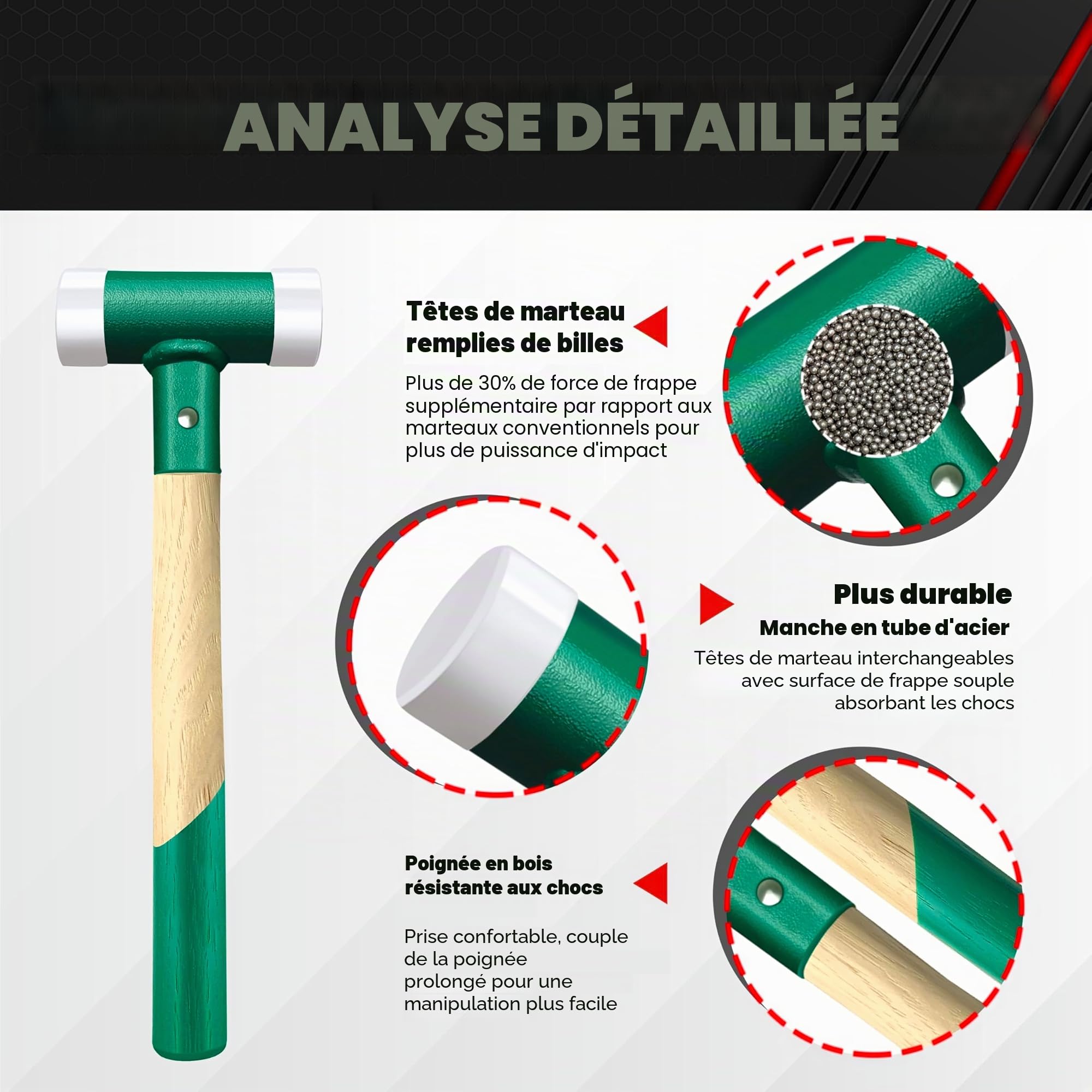 C&T Marteau de protection, maillet souple, diamètre : 40 mm, manche en bois avec tête en nylon interchangeable pour l'entretien et le montage, poignée en bois de 40 mm