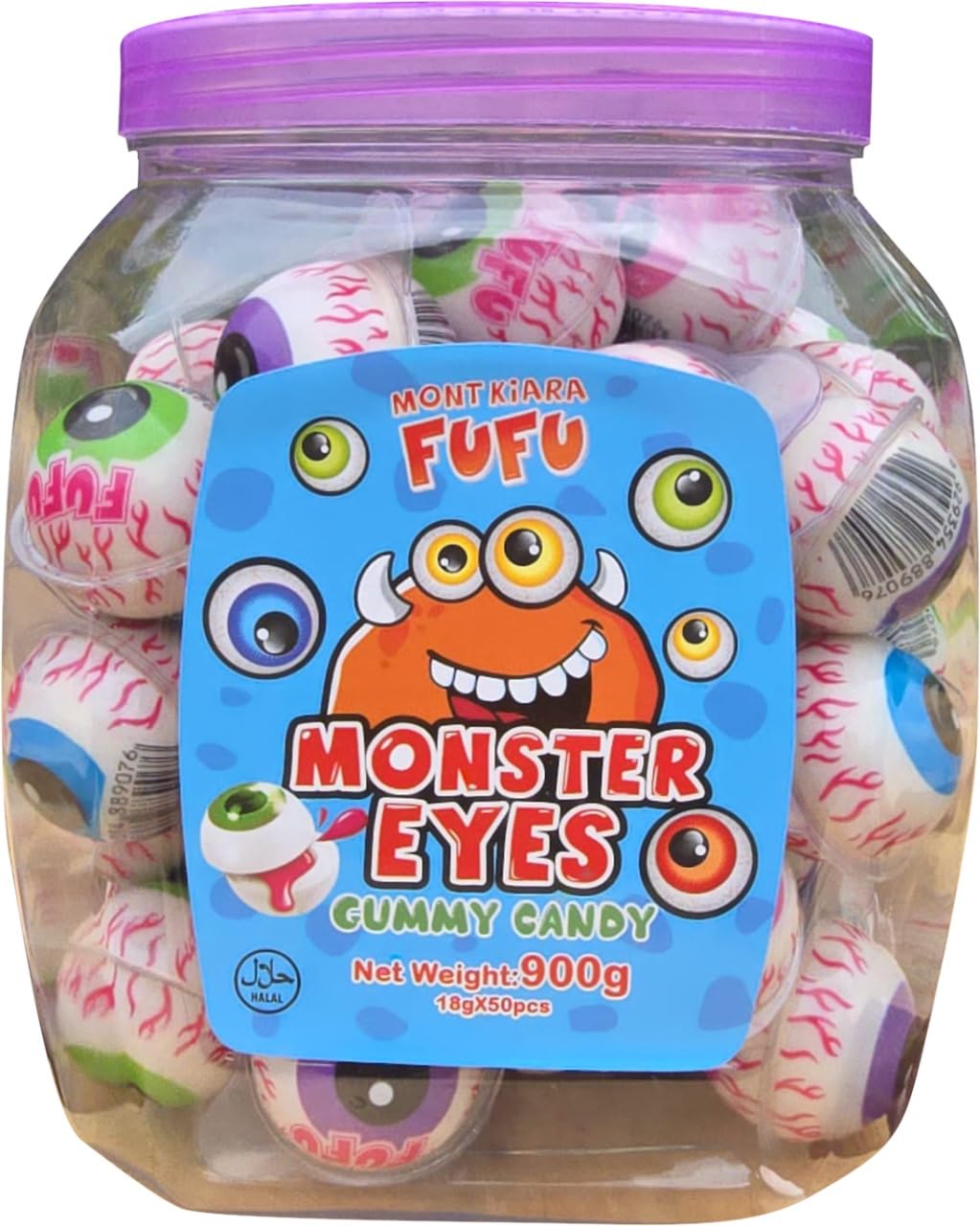 MONT KIARA FUFU Monster Eyes Lot de 50 bonbons en caoutchouc, yeux 3D, 900 g, fruités, pour Halloween, emballés individuellement, certifiés Halal, idéaux pour les fêtes, les anniversaires d'enfants et