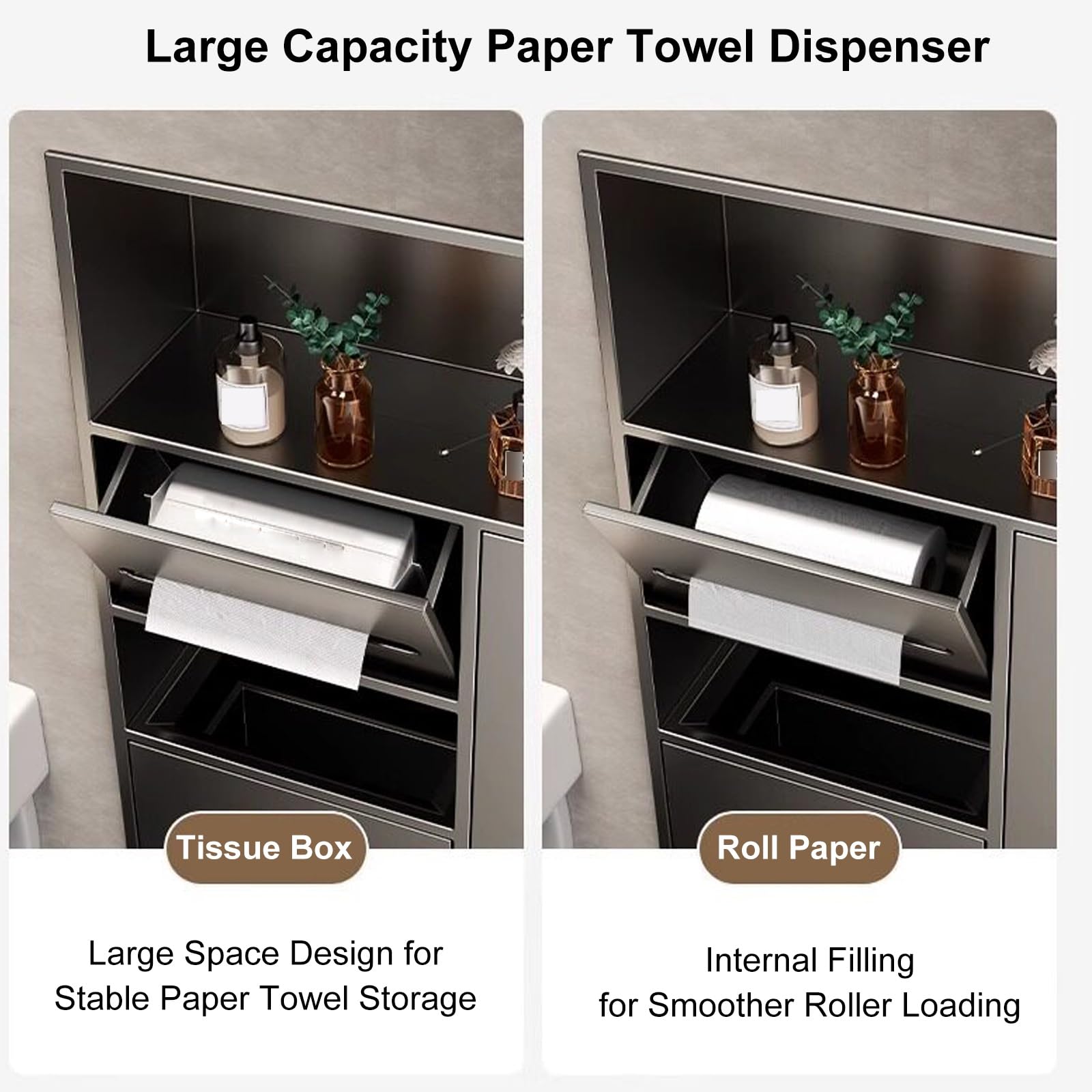 Dispensador Papel Secamanos Empotrado, Dispensador de Toallas de Papel de Acero Inoxidable 304 con Plataforma de Almacenamiento y Cubo Basura para Doméstico(Gray)