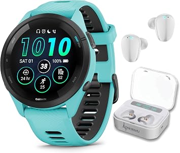 Garmin Forerunner 265 Music GPS Running 46 mm Smartwatch, Aqua with AMOLED 1.3 in Touchscreen Display White Earbuds Bundle, Aqua +Wht EarBuds