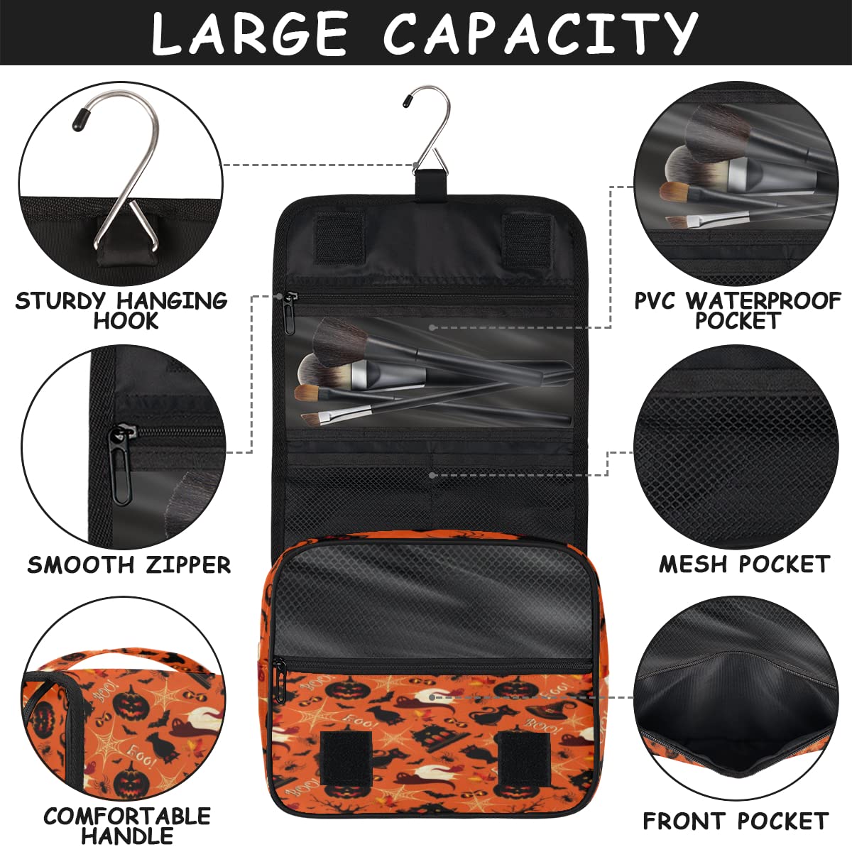 Halloween wzór podróżna kosmetyczka Halloween wzory torba na pranie torebka unisex wiszące przybory toaletowe kosmetyczka organizer do makijażu, wielobarwny, Jeden rozmiar