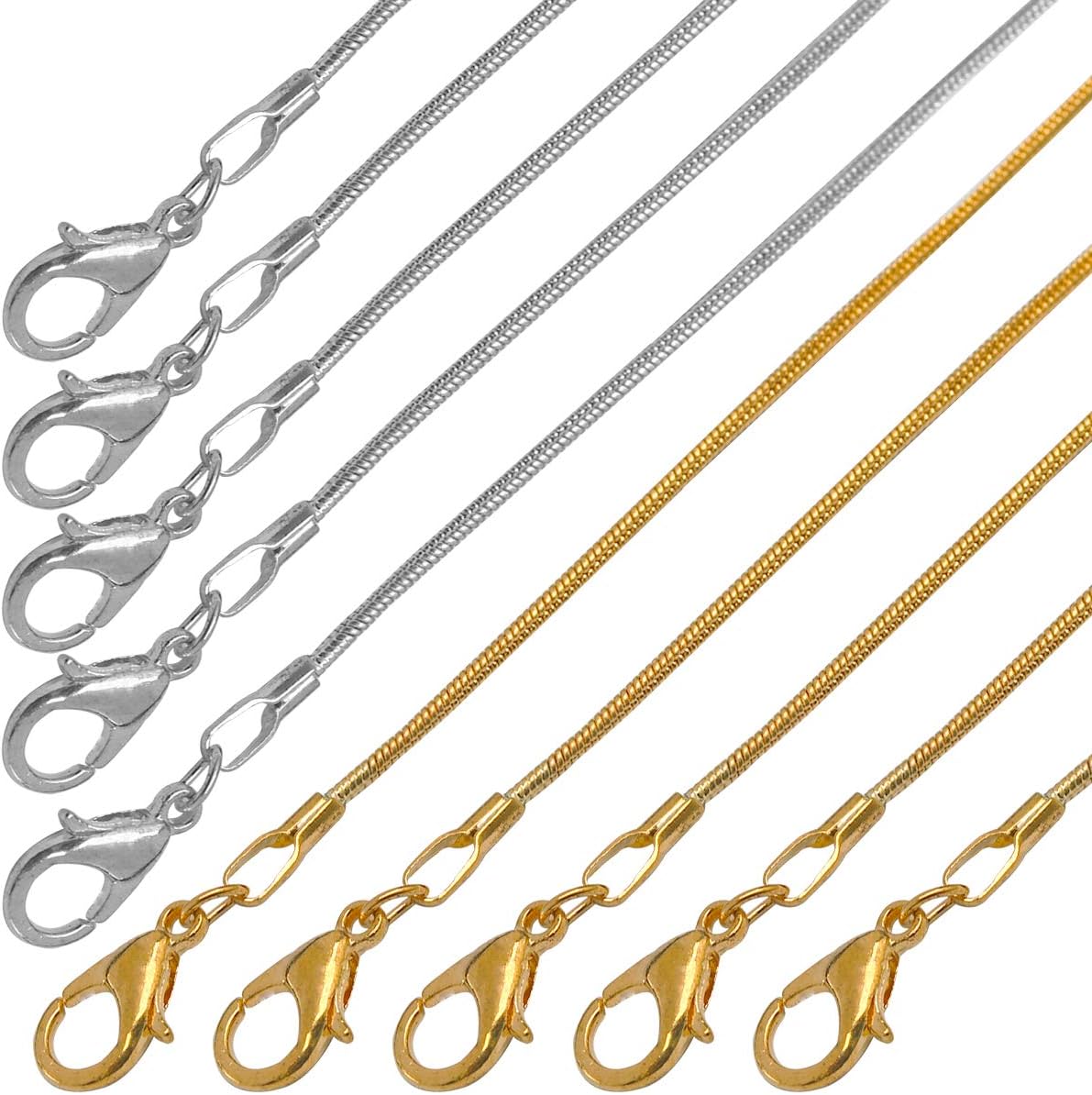 Forise 20 Pcs 18 Inch Silver and Gold Plated 1.2mm DIY Snake Chain Necklace with Lobster Clasps for Jewelry Making