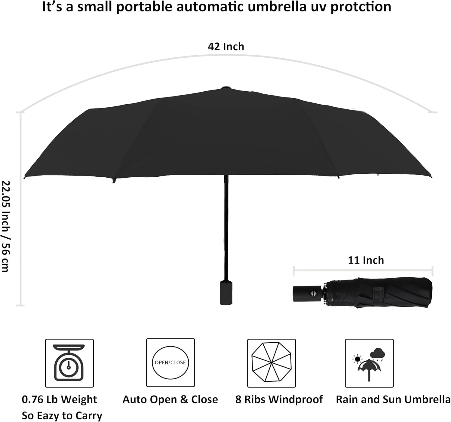 BAODINI Small UV Protection Travel Umbrella Compact for Rain and Sun UPF 50+ Windproof Portable 42 inch Umbrella for Women and Men