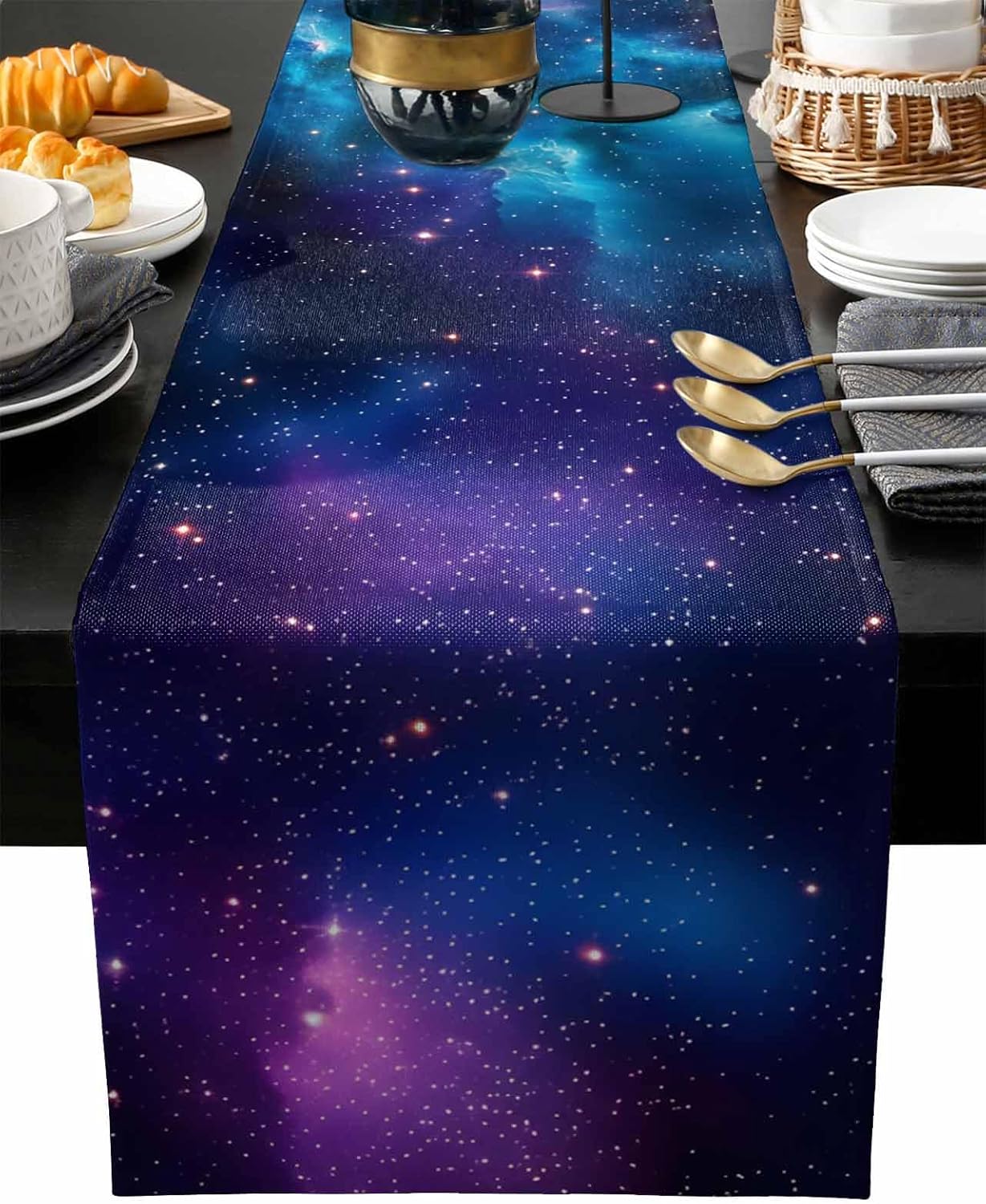 Dining Table Runner Dresser Scarf Linen Burlap Fabric,Galaxy Stars in Space Universe Celestial Astronomical Planets Washable Table Runners 108 Inches Long for Home Kitchen Wedding Party Decor