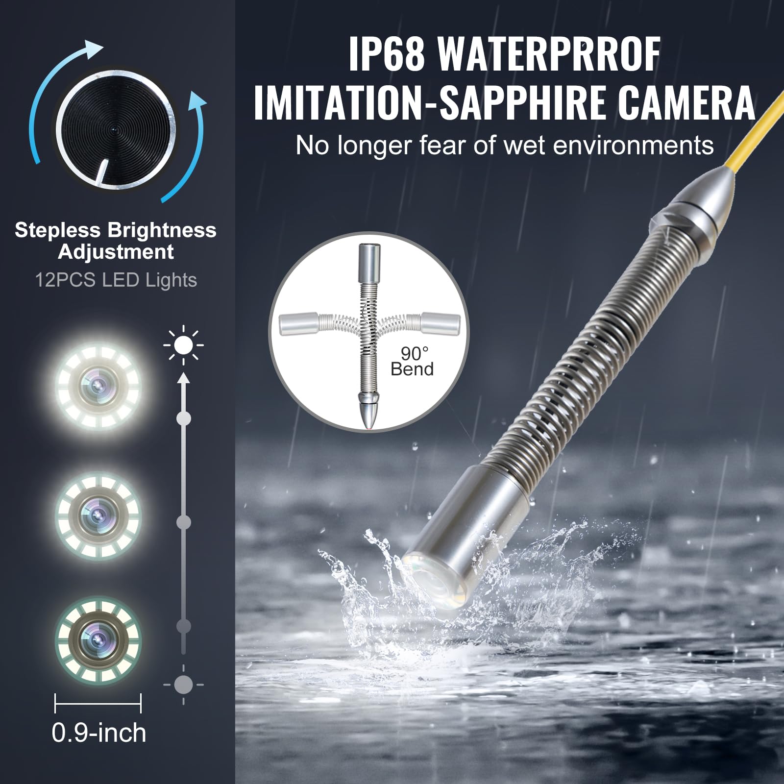 VEVOR Caméra Inspection Canalisation avec Localisateur 512 Hz Endoscope Drain 50 m Écran 9'' Auto-nivellement, Zoom 36X, Étanche IP68, 12 LED, Carte SD 32 Go, pour Conduit, Égout, Plomberie, Tuyaux