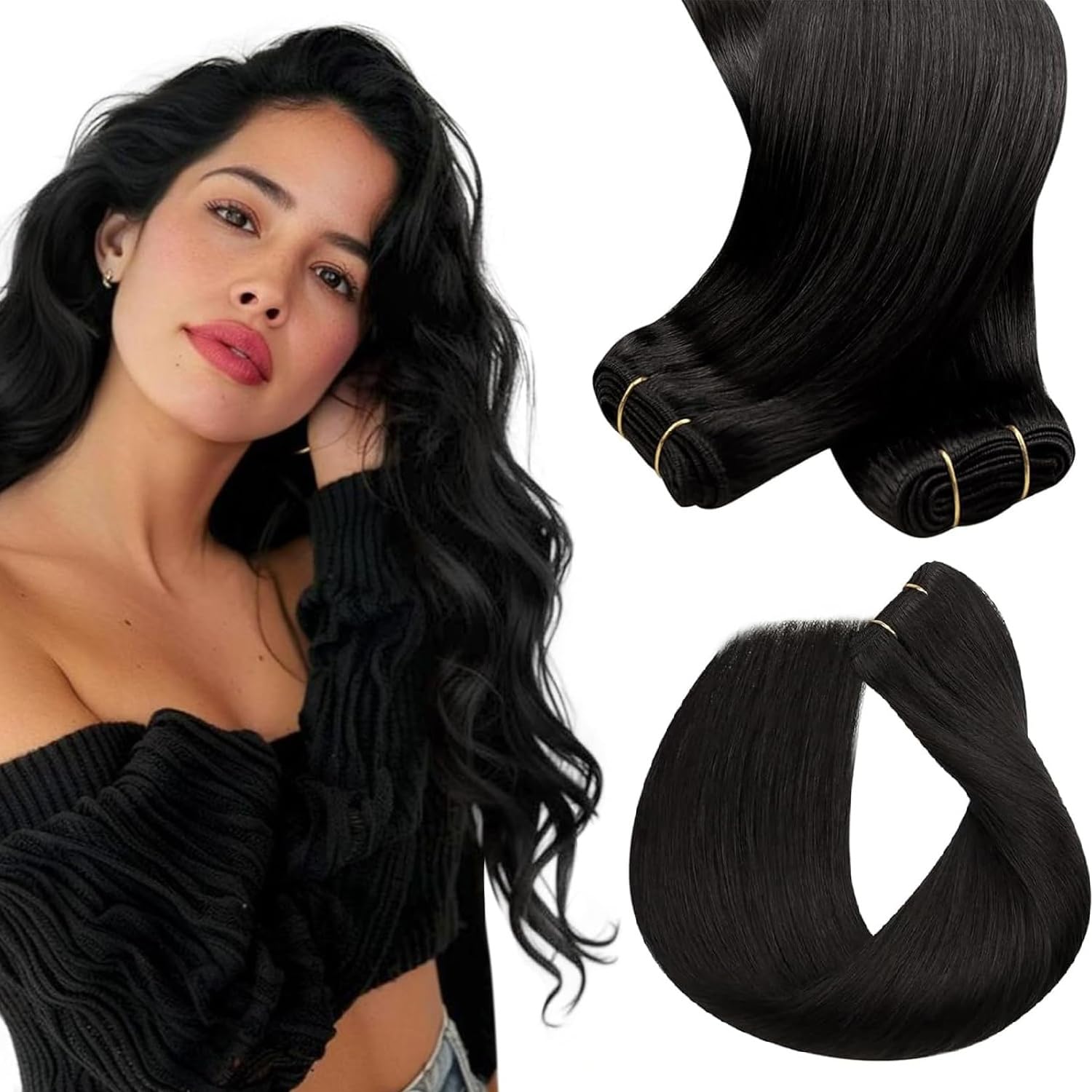 Sunny Hair Weft Hair Extensions Human Hair 22inch Sew in Hair Extensions Real Human Hair Natural Black Human Hair Extensions Sew in Long Straight Hair Weft Extensions Black Women 100g