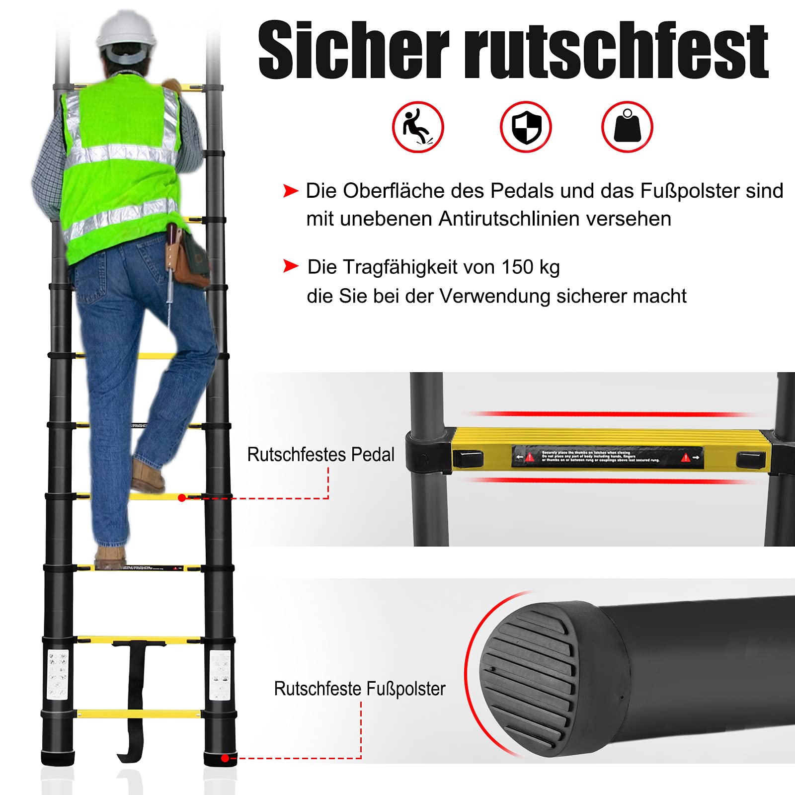 UISEBRT Drabina teleskopowa 3,8 m, składana, aluminiowa, wielofunkcyjna, antypoślizgowa, aluminiowa, wielofunkcyjna, składana, maks. obciążenie 150 kg, czarna (1,9 + 1,9 m)
