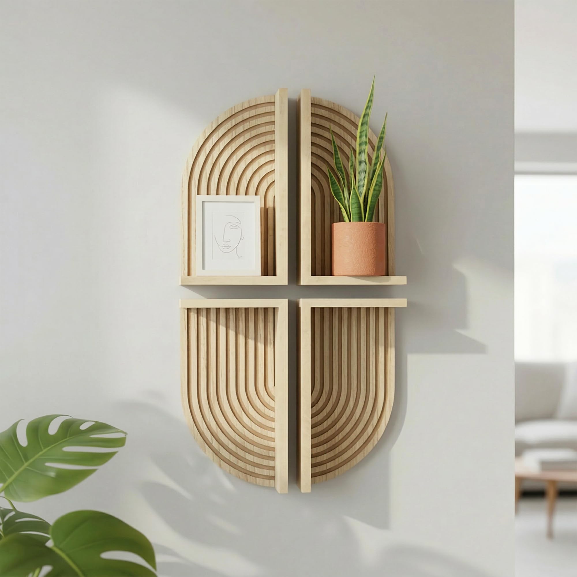 American Art Decor Natural Boho Arched Lunar Ledges Wall Shelf, Wood 4 Piece Floating Display Shelf, Modular Arch Bookshelf for Bedroom, Bathroom, Kitchen &amp; Living Room Decor, 6" x 12" x 4.75"